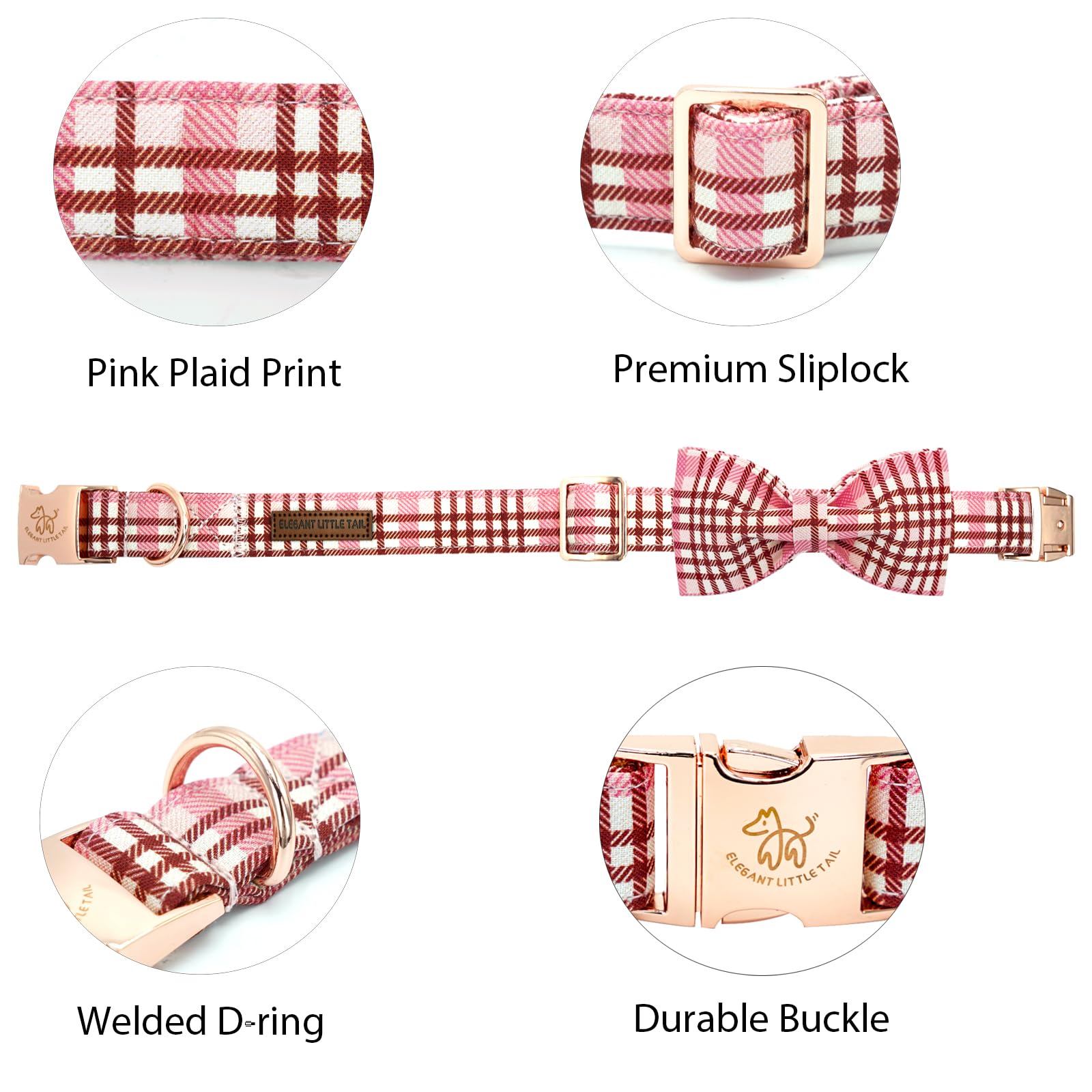 Elegant Little Tail Cute Pink Dog Collar With Bow For Medium Dogs, Adjustable Cotton Summer Pet Collar