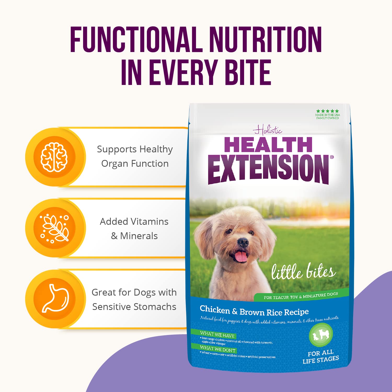 Health Extension Little Bites Chicken & Brown Rice Dry Dog Food (1 lb / 0.45 kg) - Natural with Probiotics and Superfoods for Te