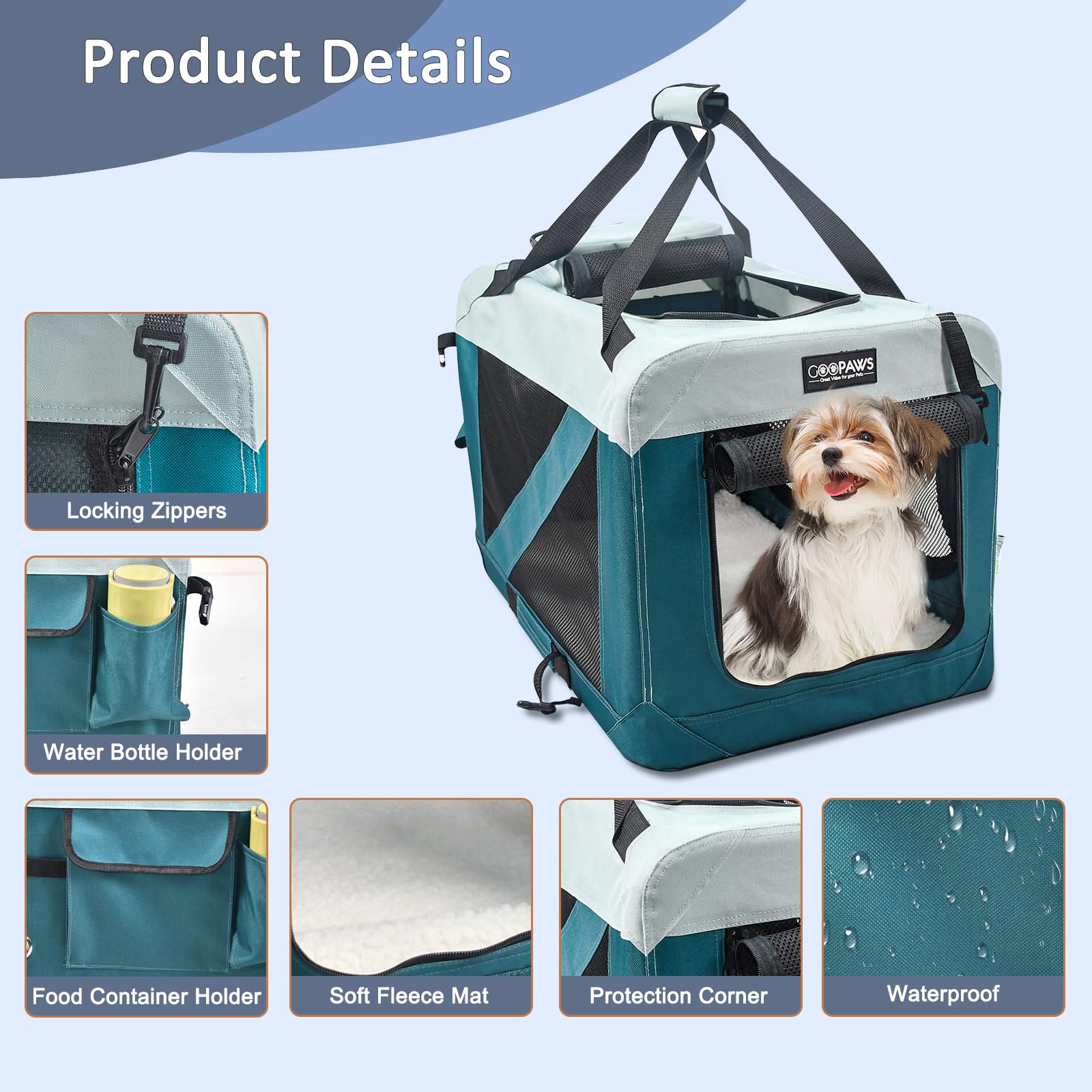 JESPET Soft Dog Crates Kennel for Pets, 3 Door Soft Sided Folding Travel Pet Carrier with Straps and Fleece Mat for Dogs, Cats,