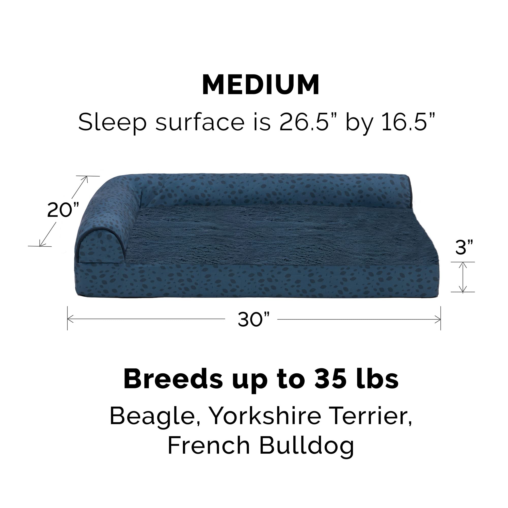 Furhaven Orthopedic Dog Bed For Medium/Small Dogs W/ Removable Bolsters & Washable Cover, For Dogs Up To 35 Lbs - Plush & Almond Print L Shaped Chaise - Blue Almonds, Medium