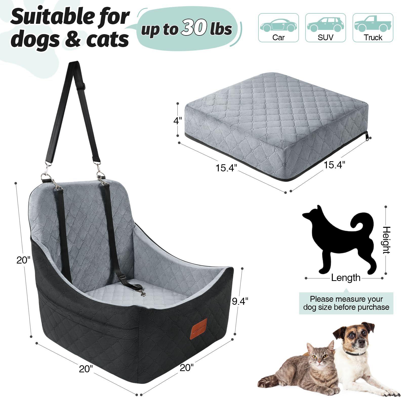 Lealchum Dog Car Seat for Dogs Up to 35lbs,Car Dog Bed Easy to Install,Medium Dog Car Seat with Adjustable Straps and Anti Slip