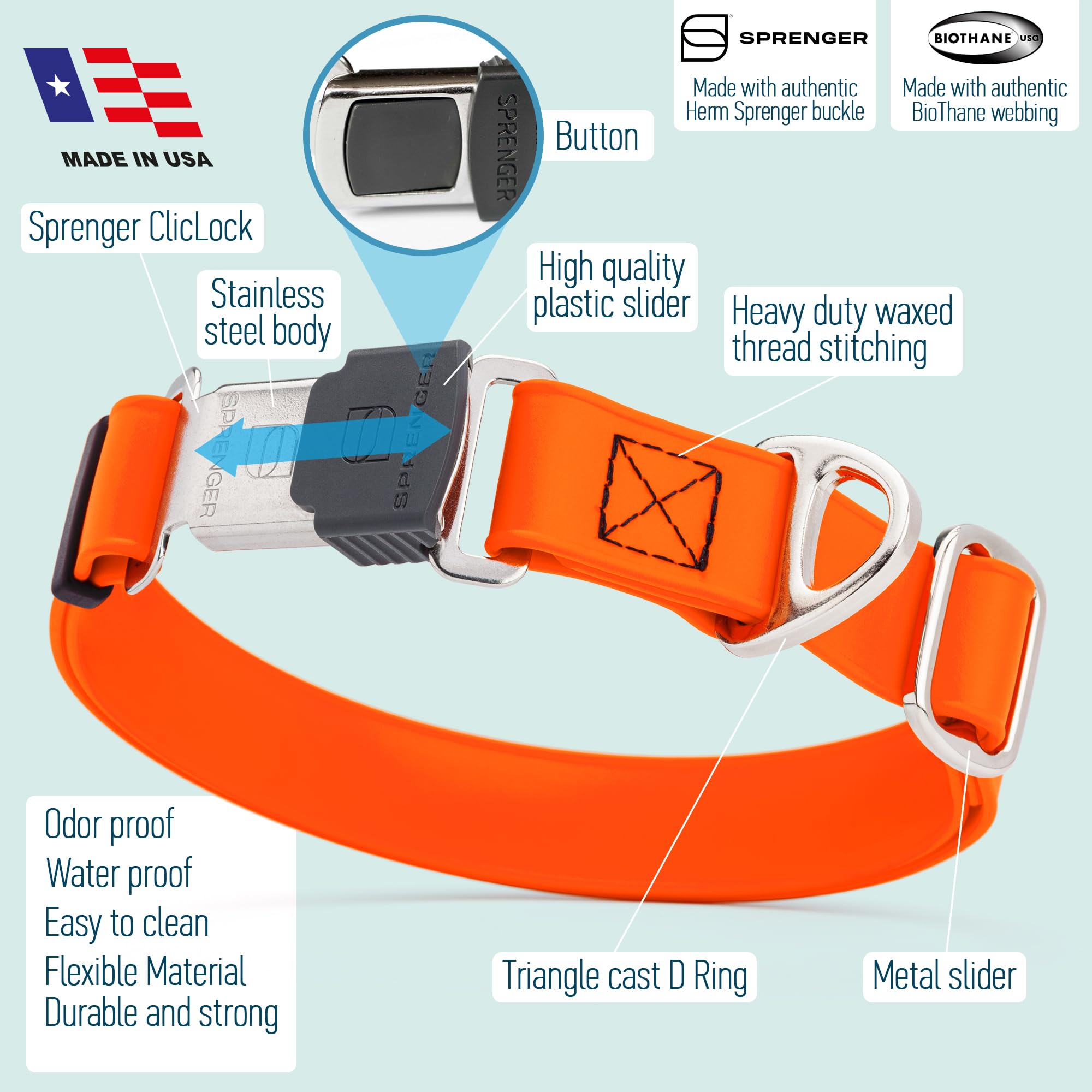 Dogline Biothane Waterproof Dog Collar With Herm Sprenger Stainless Steel Quick Release Buckle - Heavy Duty Tactical Durable Col