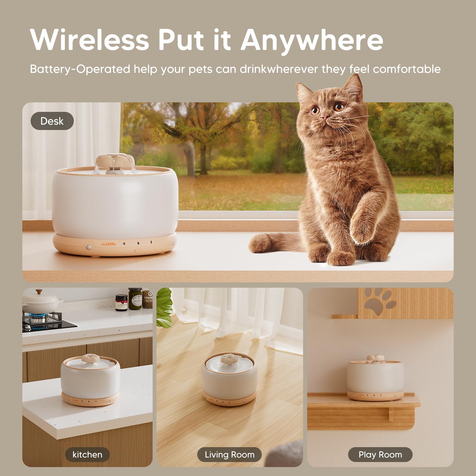 Wopet Wireless Ceramic Cat Water Fountain, 3L/101Oz Stylish Pet Water Fountain, 5000 Mah Battery Operated Cat Fountain For Cats