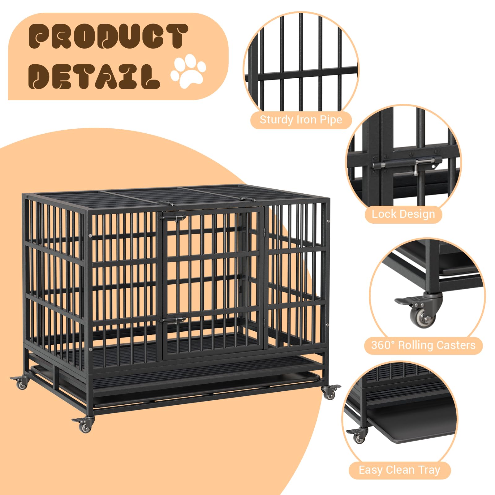 Heavy Duty Dog Crate, 42.5 Inch Indoor Dog Crate with Double Door, 360 Lockable Wheels and Removable Tray, Easy to Assembly,for