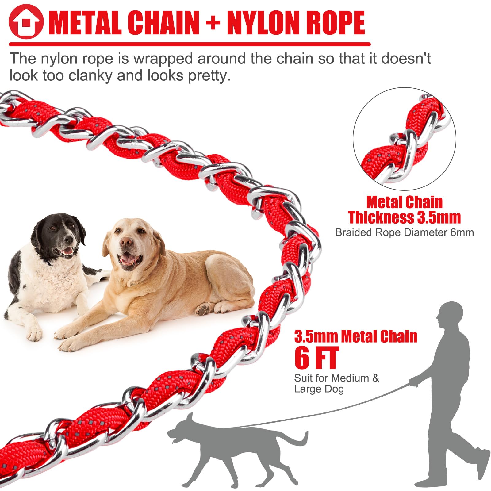 Homimp Chain Dog Leash - Reflective, Chew Proof Metal Leash For Large Dogs, 6 Ft With Comfortable Soft Padded Handle, Anti Bite