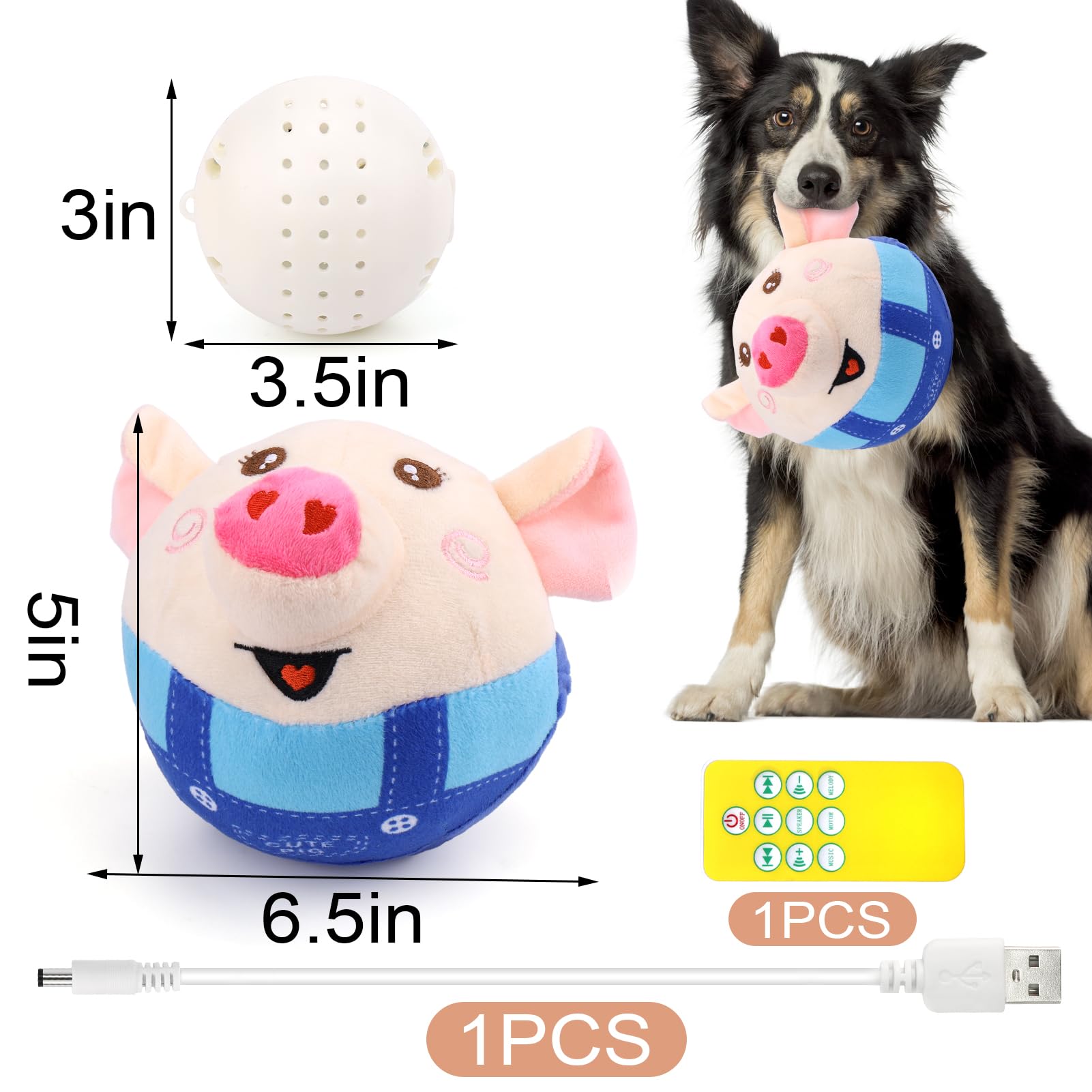Baborui Blue Pig Interactive Dog Toy, Remote Control Jumping Squeaky Toy With Recording & Music Modes, Rechargeable Moving Dog C