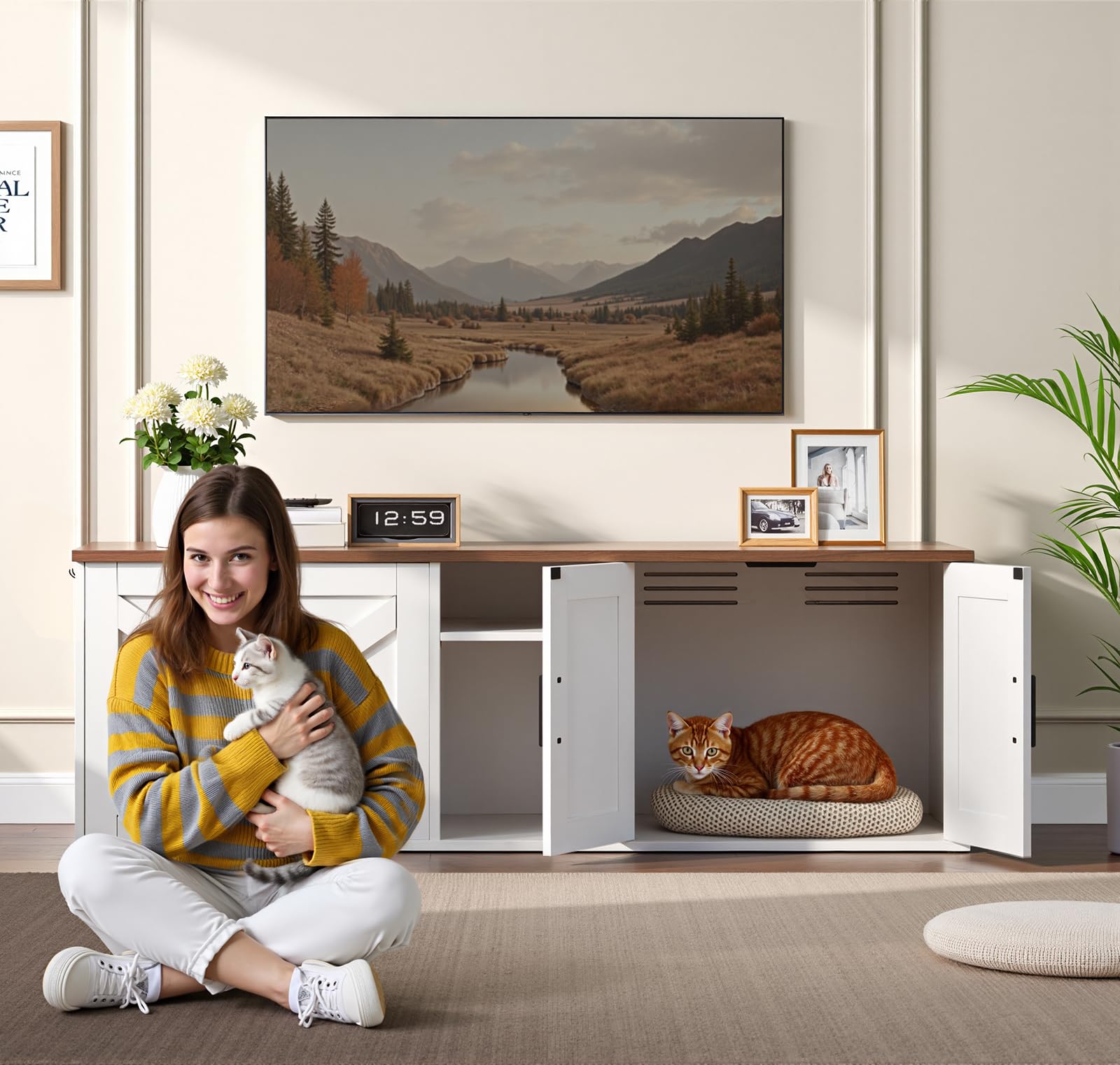 Hoobro 58.3'' Cat Litter Box Enclosure, Litter Box Furniture For 2 Cats, Hidden Litter Cabinet With Corridor, Tv Stand With Stor