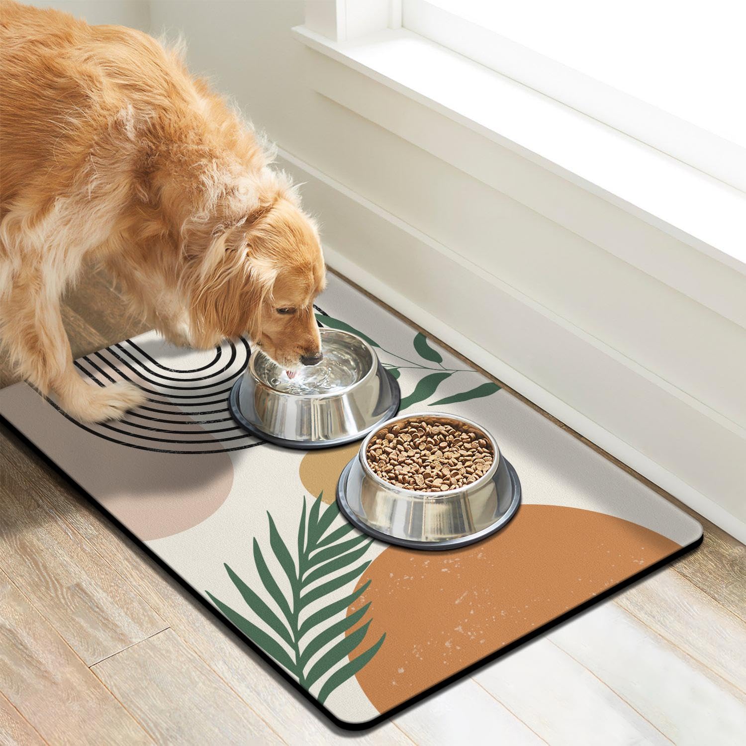 Dog Food Mats for Floors Super Absorbent, Pet Cat Food Mat - Non Slip Dog Bowl Mats for Food and Water, Eco-Friendly Boho Dog Pl