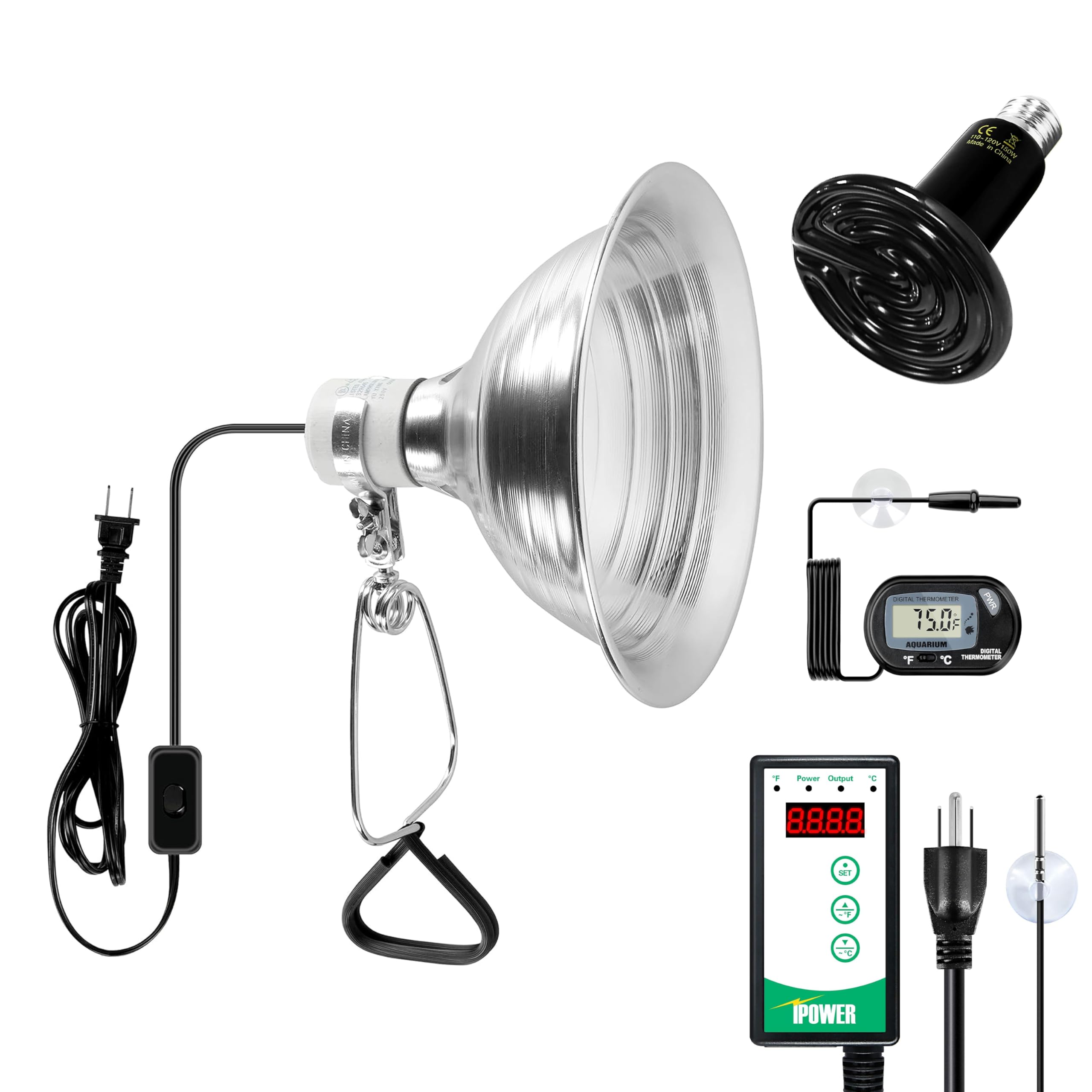 Simple Deluxe 150W Reptile Heat Bulb and 8.5 inch Clamp Light, 40-108? Digital Thermostat Controller and Thermometer Included, f