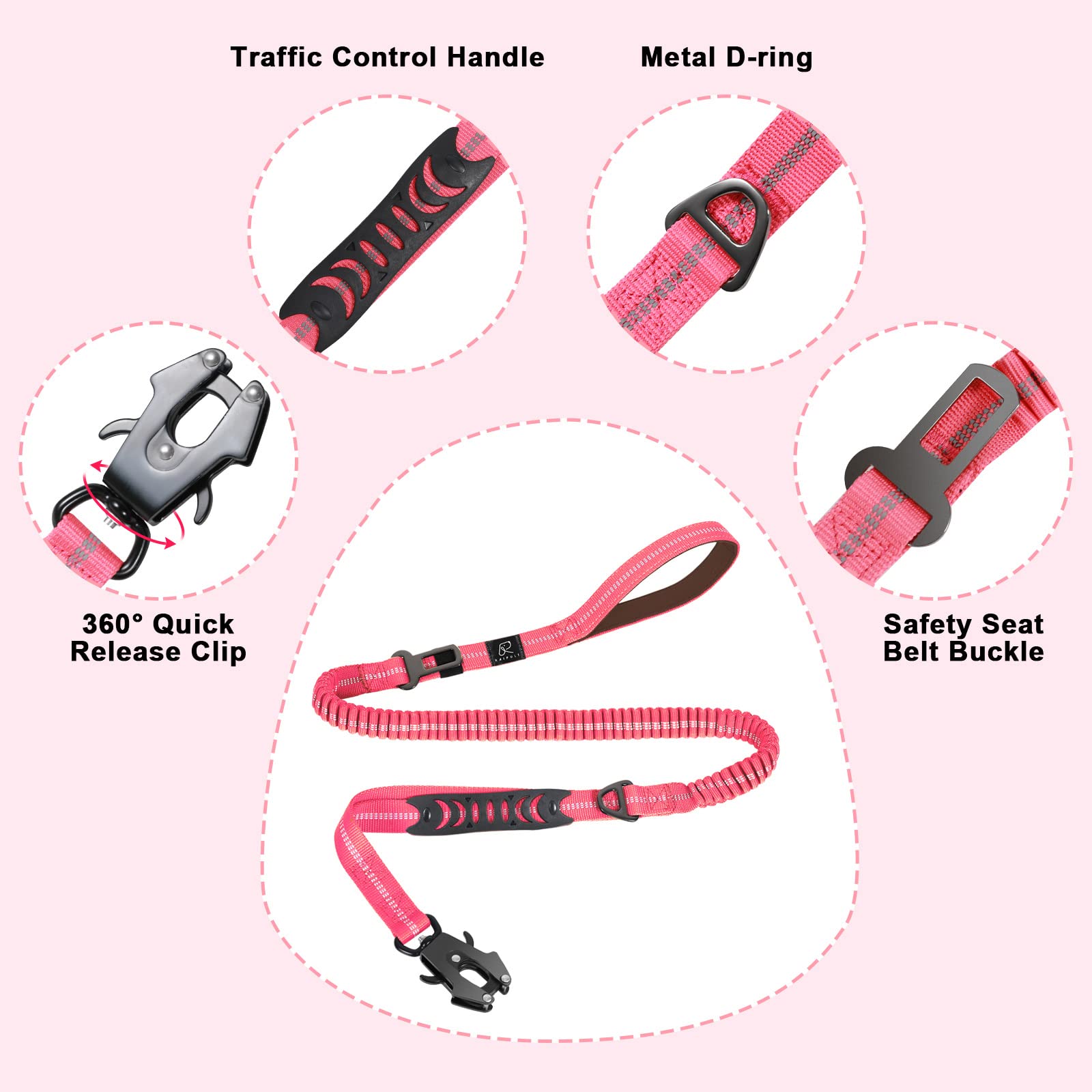 Raipult Tactical Strong Bungee Dog Leash, Pink Shock Absorbing Dog Leash With Traffic&Padded Handles, Military K9 Working Lead W