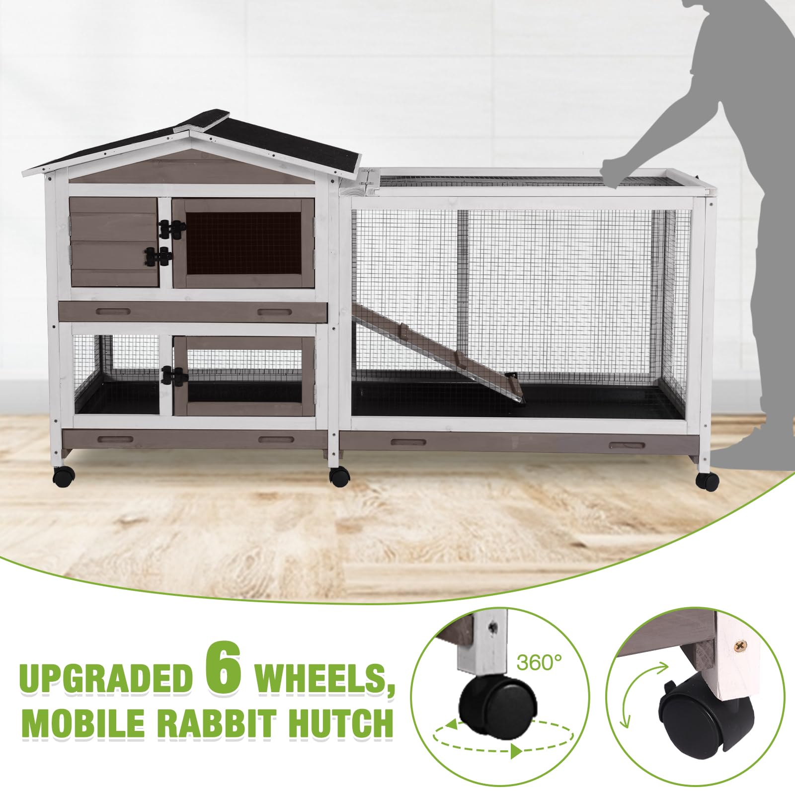 Gutinneen Rabbit Hutch Indoor With Chew-Proof Ramp, 62'' L Wooden Rabbit Cage With 6 Casters, Bunny Cage With 2 Trays And 2 Stor