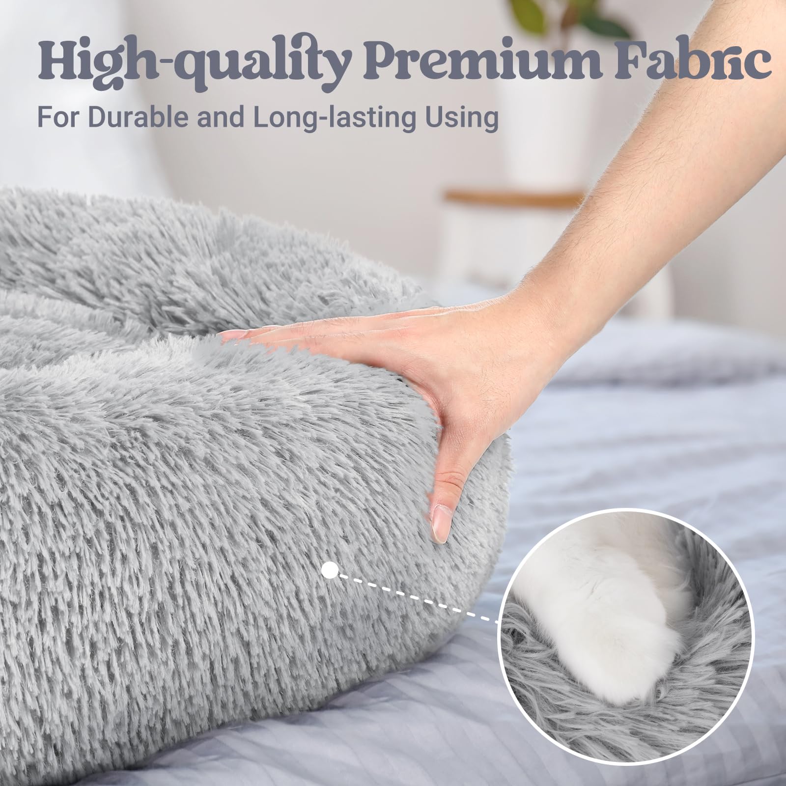 Rabbitgoo Dog Bed For Small, 24 Inches Machine Washable, Fluffy Donut Pet Bed Anti-Slip, Calming Soft Plush Round Cushion, Fits Up To 18 Lbs Pets, Light Grey