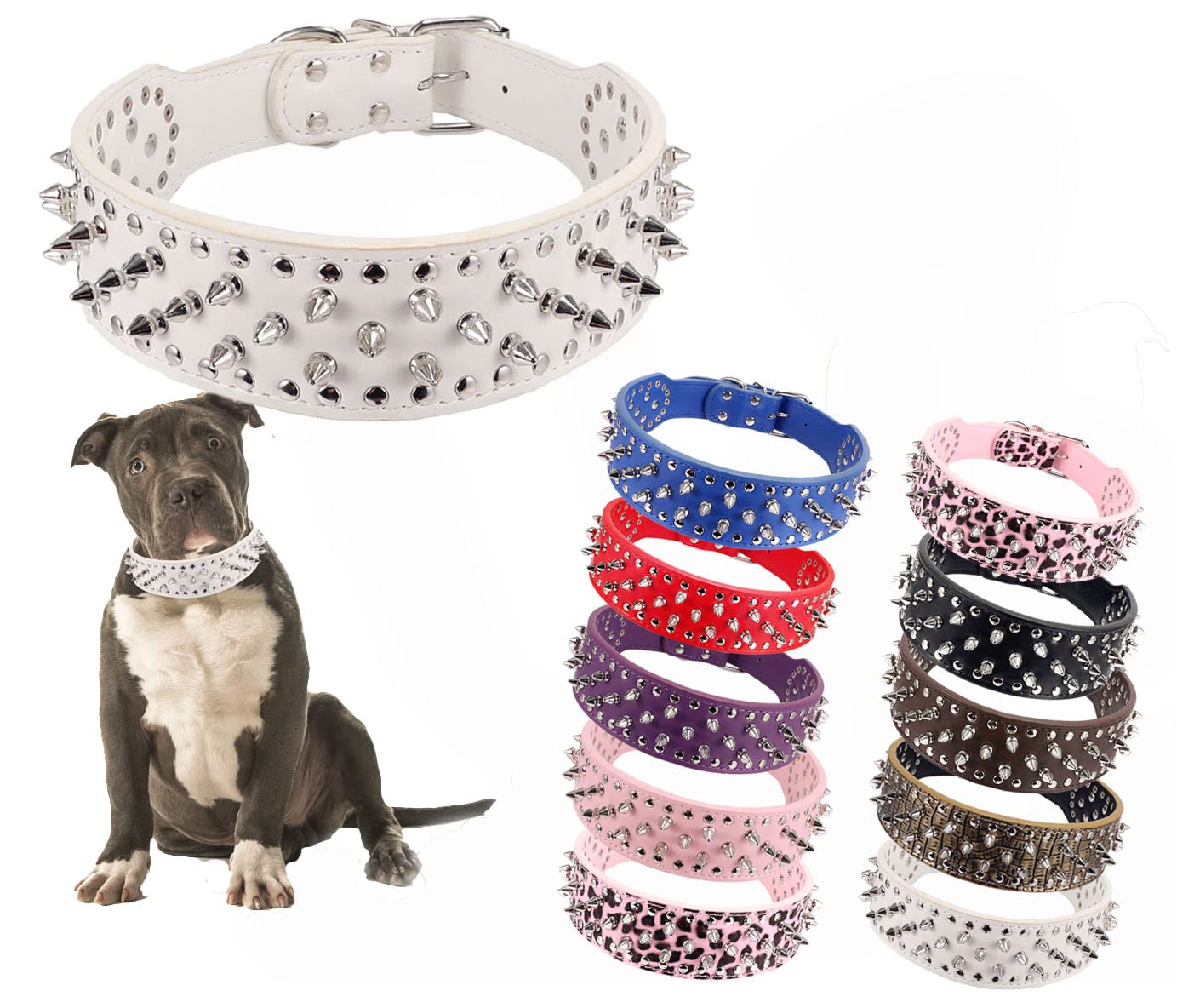 Btdcfy Hoot Pu Leather Adjustable Spiked Studded Dog Collar 2'' Wide 31 Spikes 52 Studs (M(Neck 19''-22''), White)