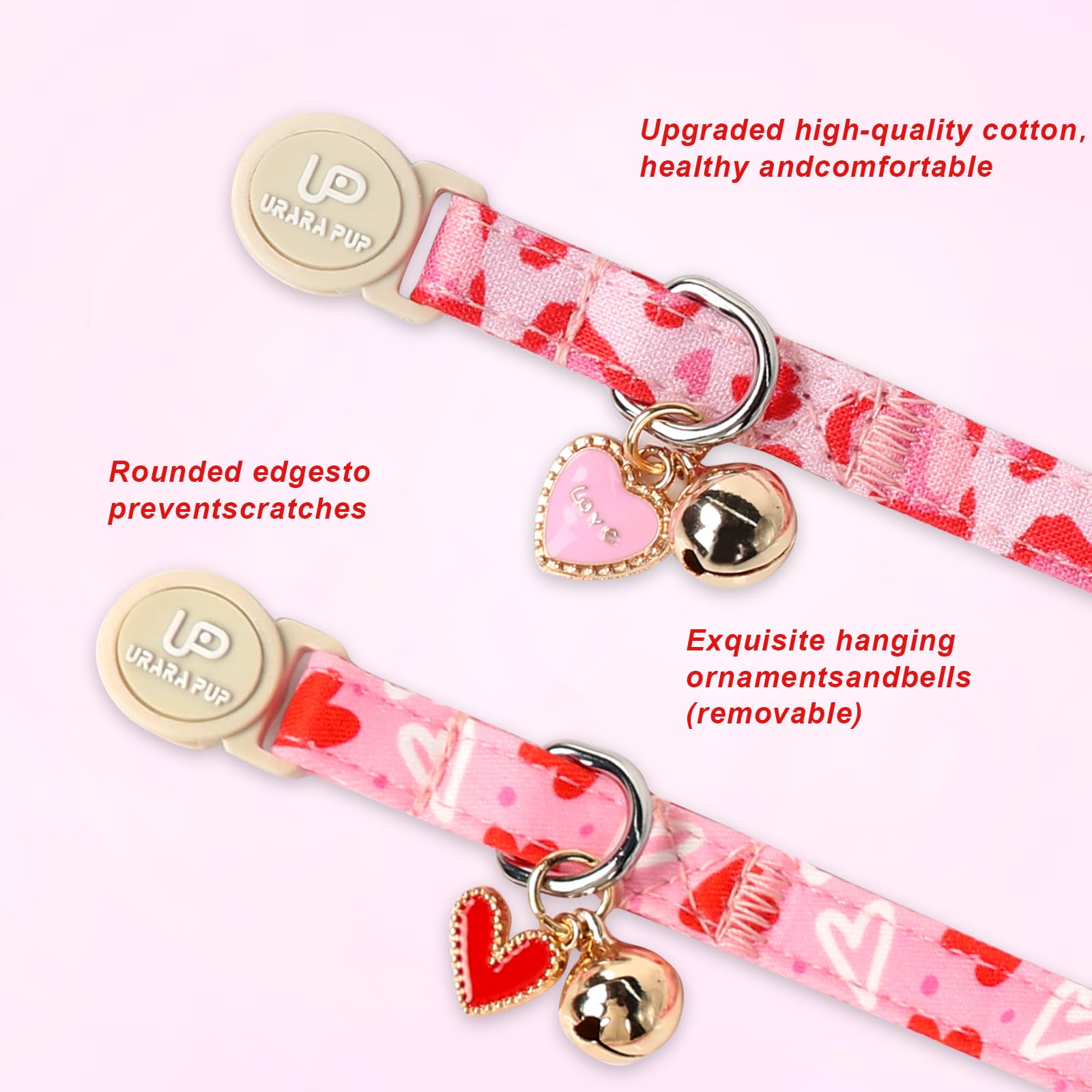 Up Urara Pup Cat Collar, 2Pack Valentine'S Day Kitten Collars Cute Breakaway Cat Collar With Bell, Red Love Heart Pink Hearts Ki