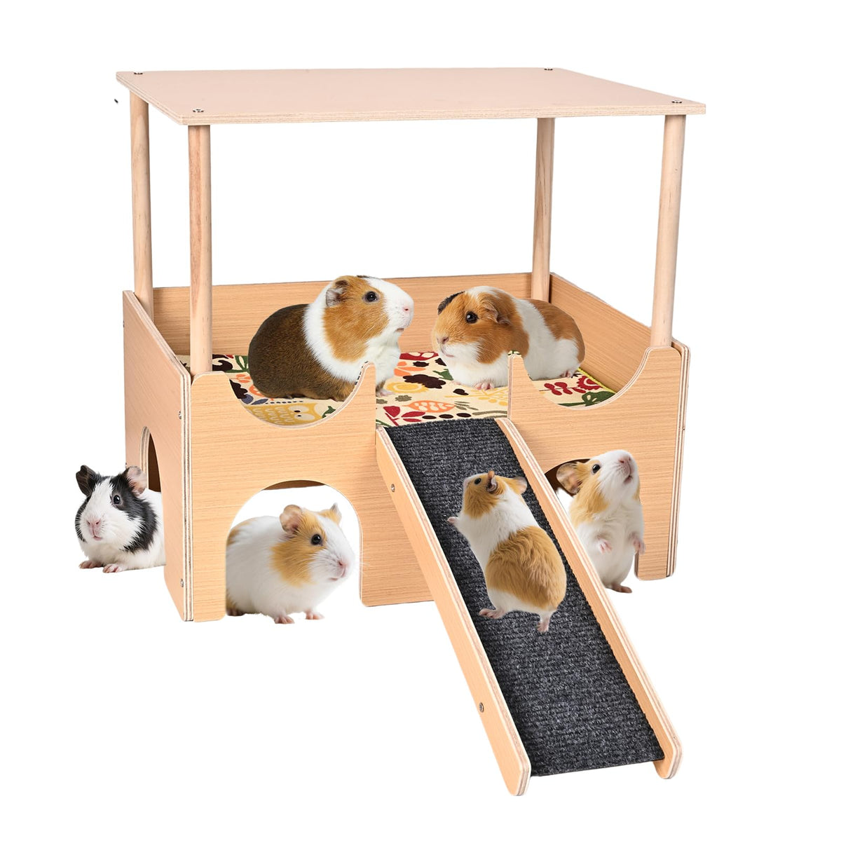 Large Wooden Guinea Pig Hideout, 2-Story Guinea Pig Castle with Non-Slip Stairs and Double-Sided Mat, Multi-Cave Design Small An