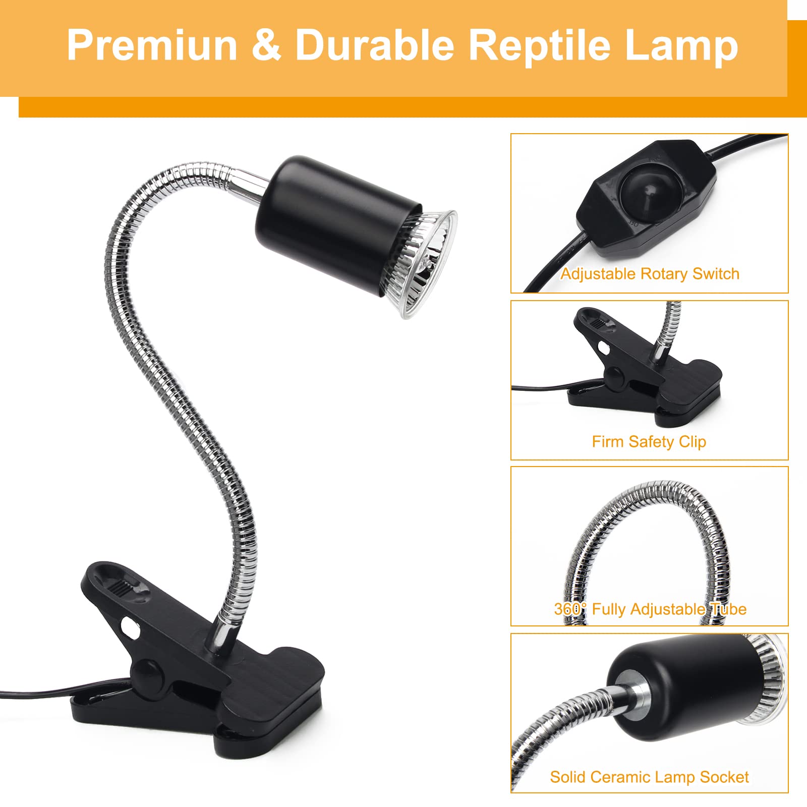 Catcan 50W Reptile Heat Lamps, Uva Uvb Reptile Light With 2 Heat Bulbs, 360°Rotatable Clips Adjustable Switch Heat Lamp For Turtle Lizard Snake Aquarium Amphibian