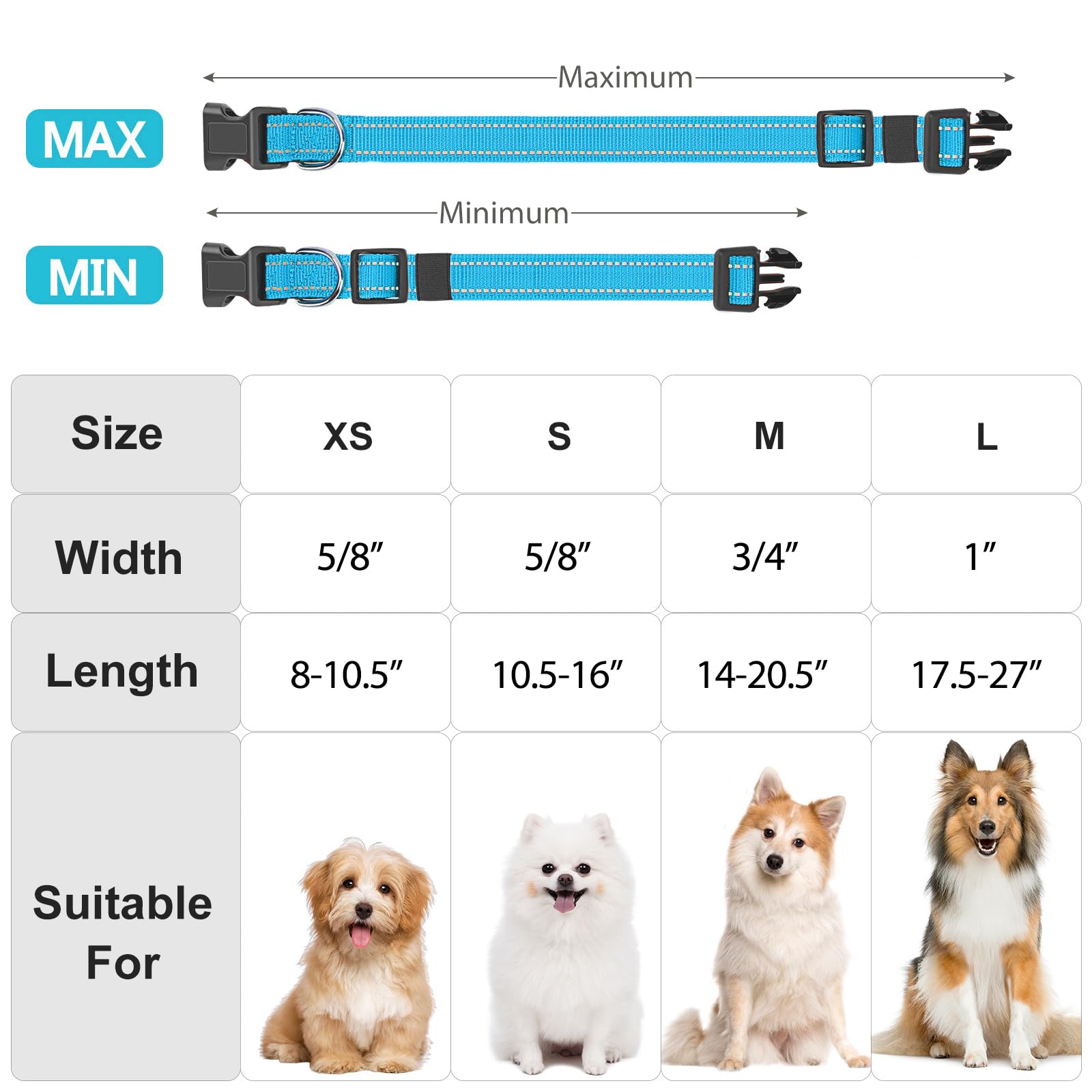 Penseepet Reflective Dog Collar Padded With Soft Neoprene Breathable Quick Release Basic Dog Collars For Medium Dogs Sky Blue Boy