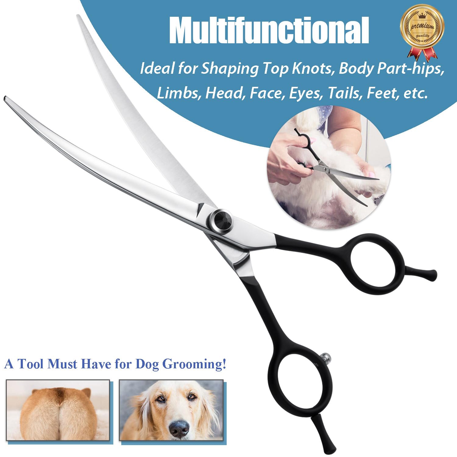 Dragon Creek 7'' Upward Curved Dog Grooming Scissors - Safety Shears For Face & Paws Trimming - Black