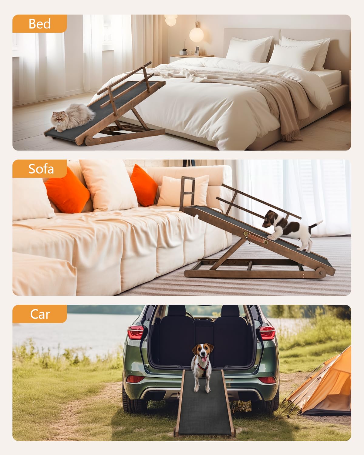 Dog Ramp For Bed, Adjustable Pet Ramp For Dogs To Get On Bed, Folding Dog Bed Ramp For Small/Medium/Large Dog/Cat, Wood Furnitur