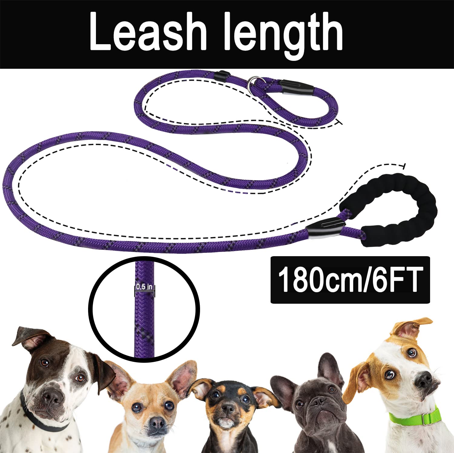 Dog Rope Leash, Strong Dog Leash, Premium Quality Training Dogs Leashes With Comfortable Padded Handle And Highly Reflective Thr