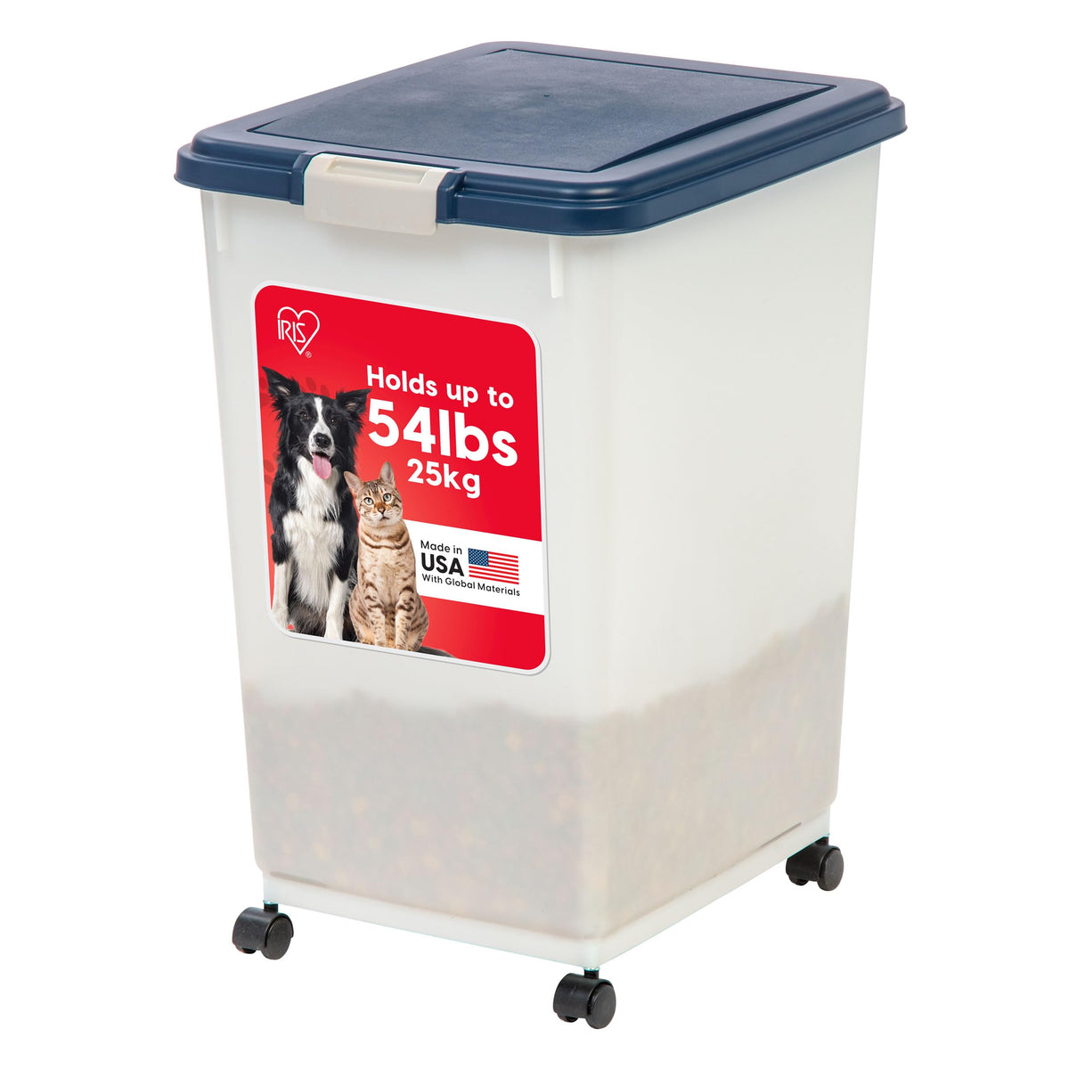 IRIS USA Airtight Pet Food Storage Container, Up to 54 lbs, Attachable Wheels, For Dog Cat Bird and Other Pet Food Storage Bin, 