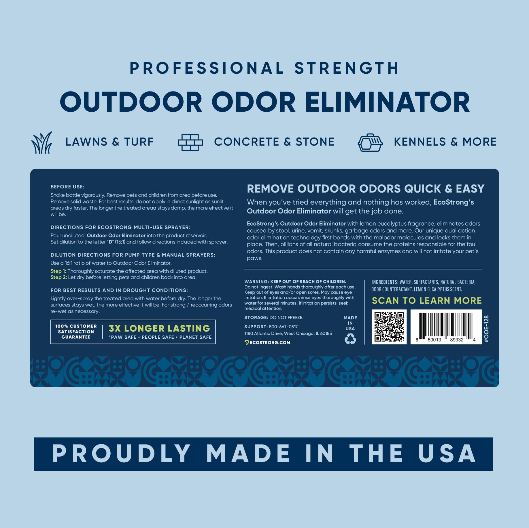 Eco Strong Outdoor Odor Eliminator - Powerful Pet Urine Enzyme Cleaner, 128 OZ, White, Ideal for Yards, Turf, Kennels, Patios, Decks
