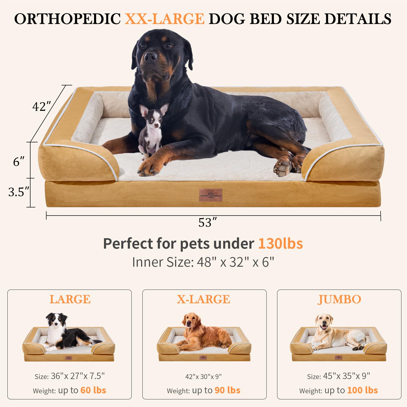 Comfort Expression Xxl Orthopedic Dog Bed, Waterproof Dog Beds For Extra Large Dogs, Washable Dog Bed Sofa Pet Bed With Removable Cover & Non-Slip Bottom(Xx-Large,Khaki)