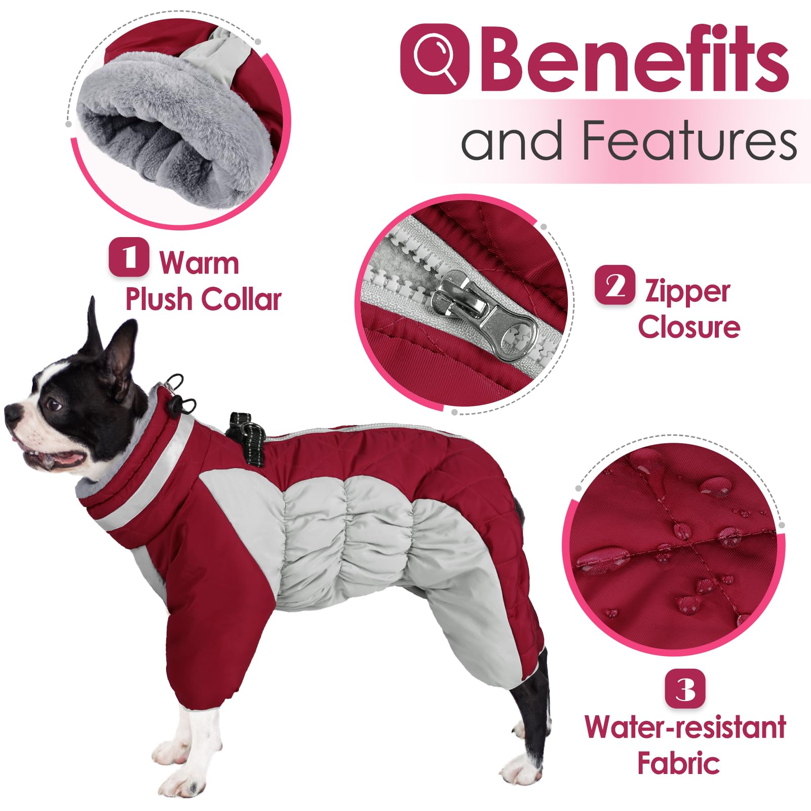 AOFITEE Fullbody Dog Jacket, Windproof Winter Coat with Built-In Harness, Reflective Turtleneck Snowsuit, Puffer Coat for Small