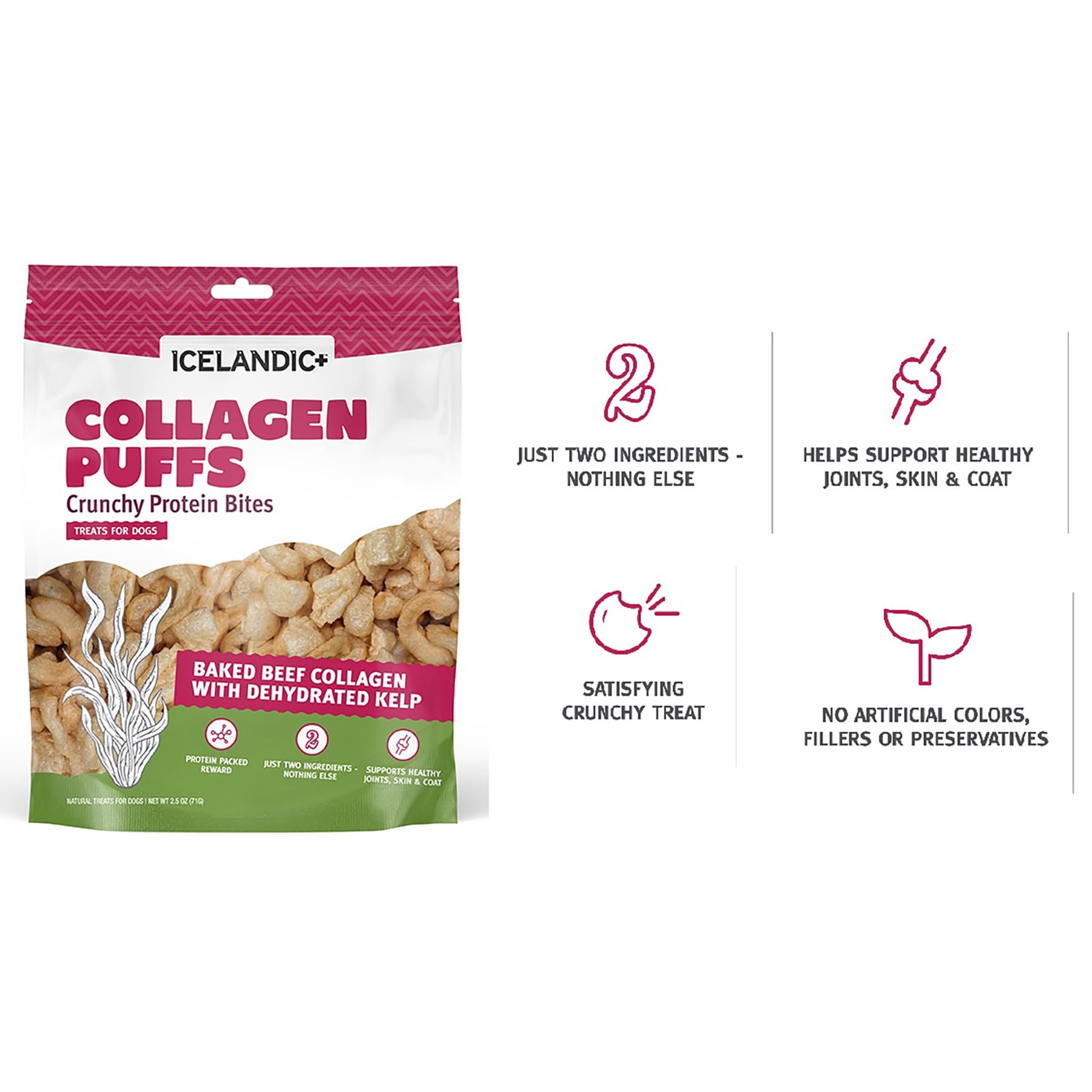Icelandic+ Collagen Puffs: Baked Beef Collagen W/Dehydrated Kelp 2.5oz - Treats for Med-Lg Dogs, Crunchy Protein Bites
