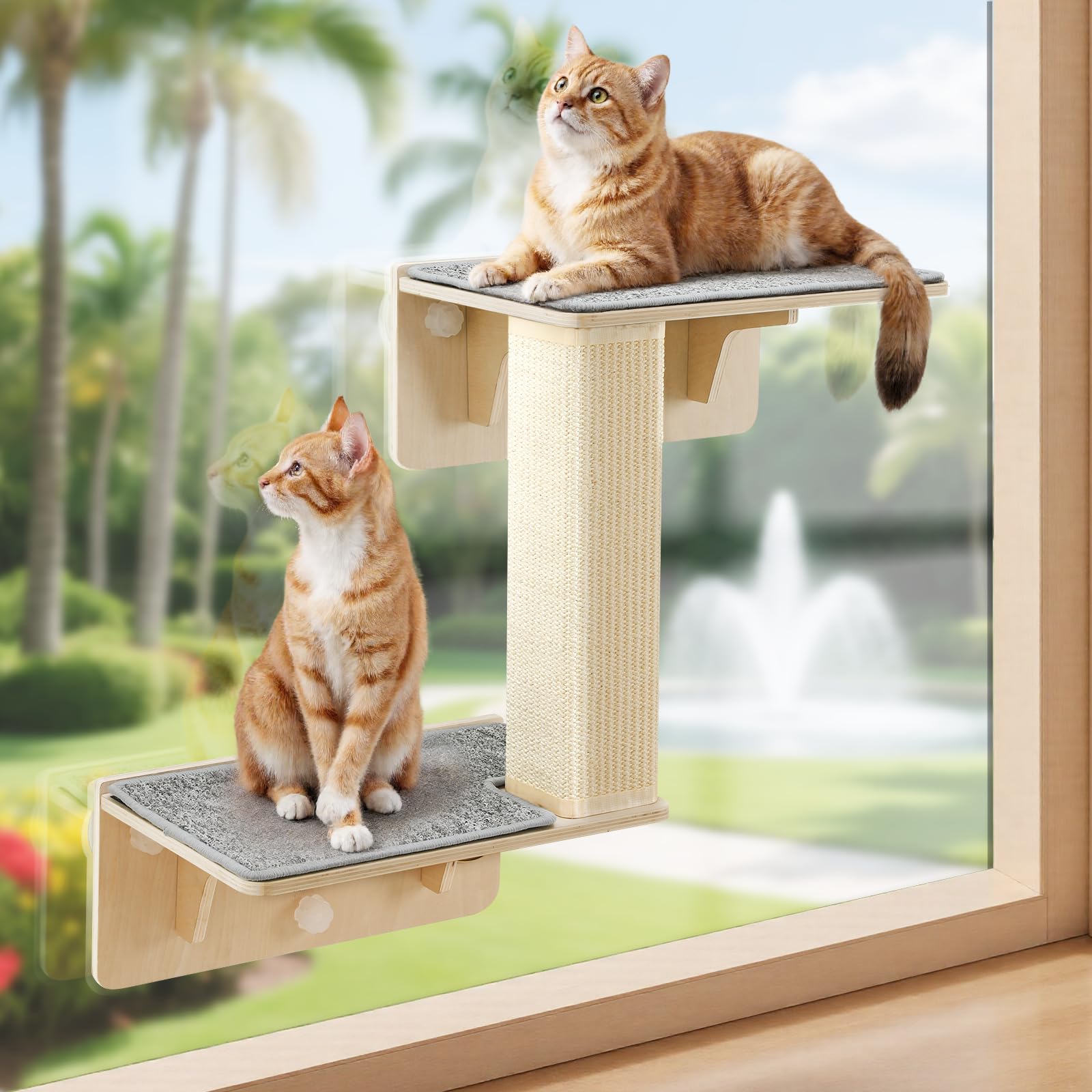 Pecute Double Cat Shelves With Scratching Post For Wall And Window With Solid Wood Frame, Washable & Removable Cover, Space-Savi
