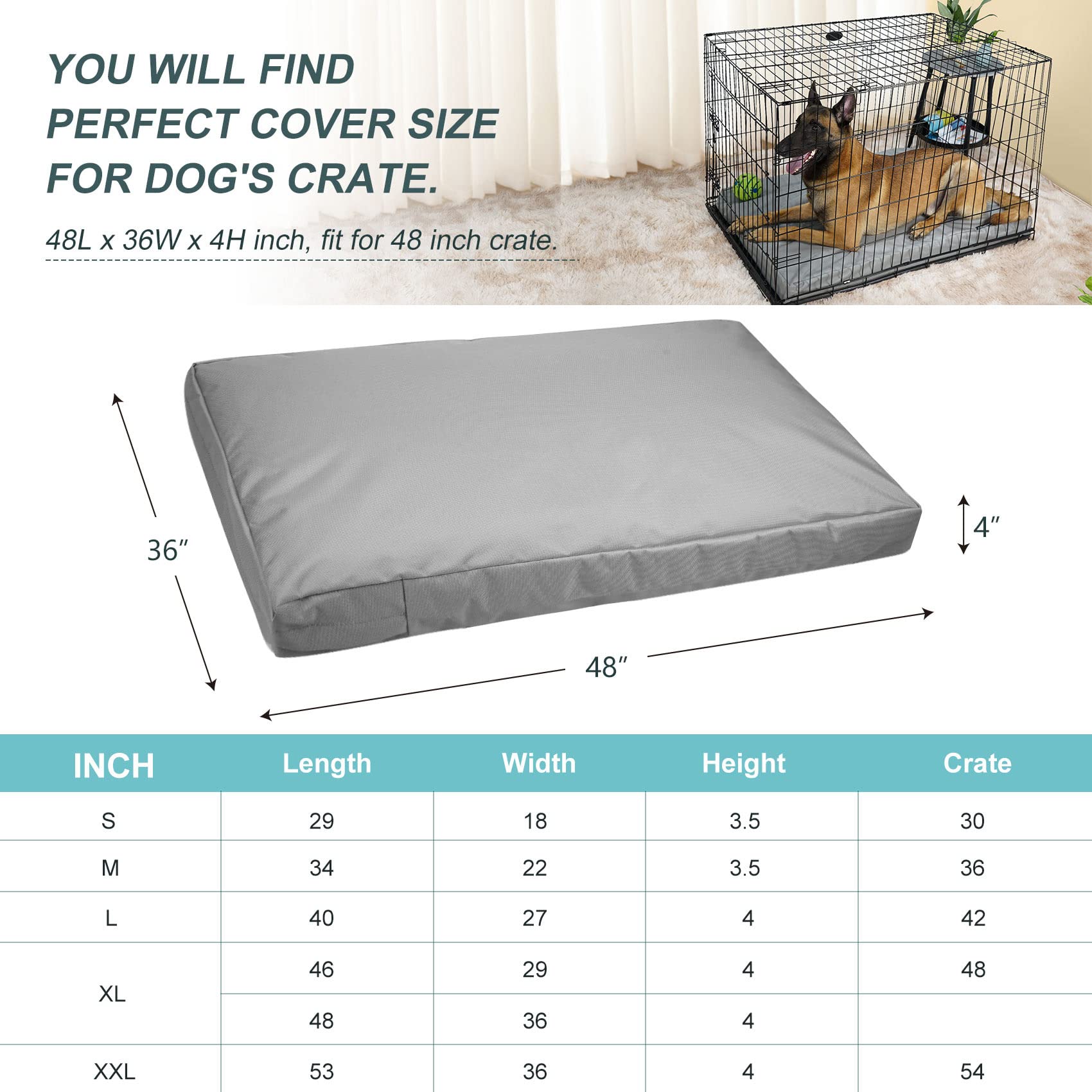 Explore Land Waterproof Dog Bed Cover Canvas Washable Dog Crate Pad Replacement Cover, 48Lx36Wx4H Inch, Gray