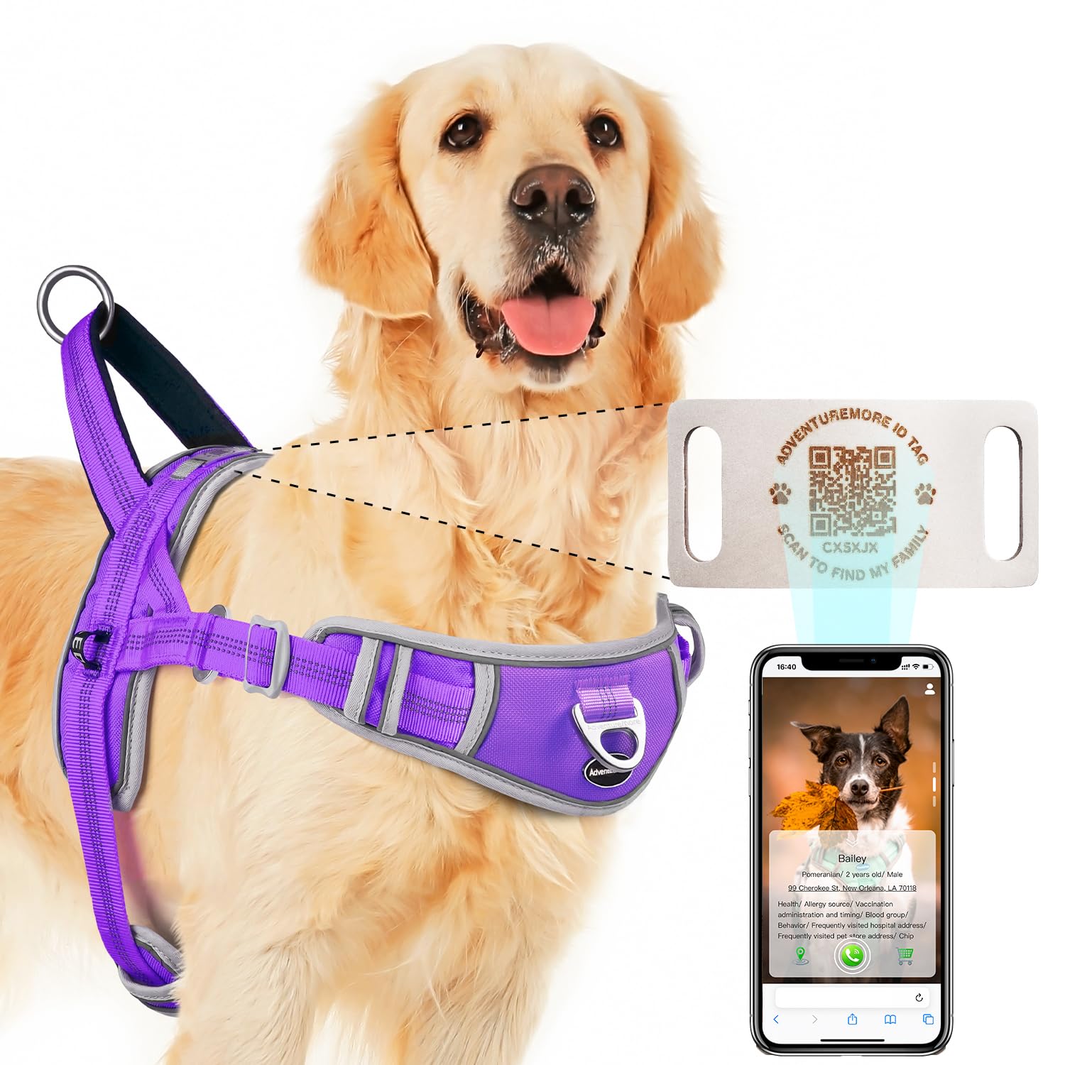 Adventuremore Medium Dog Harness - No Pull, Reflective, Escape Proof With Qr Code Dog Tag, Adjustable Front Clip Handle For Trai