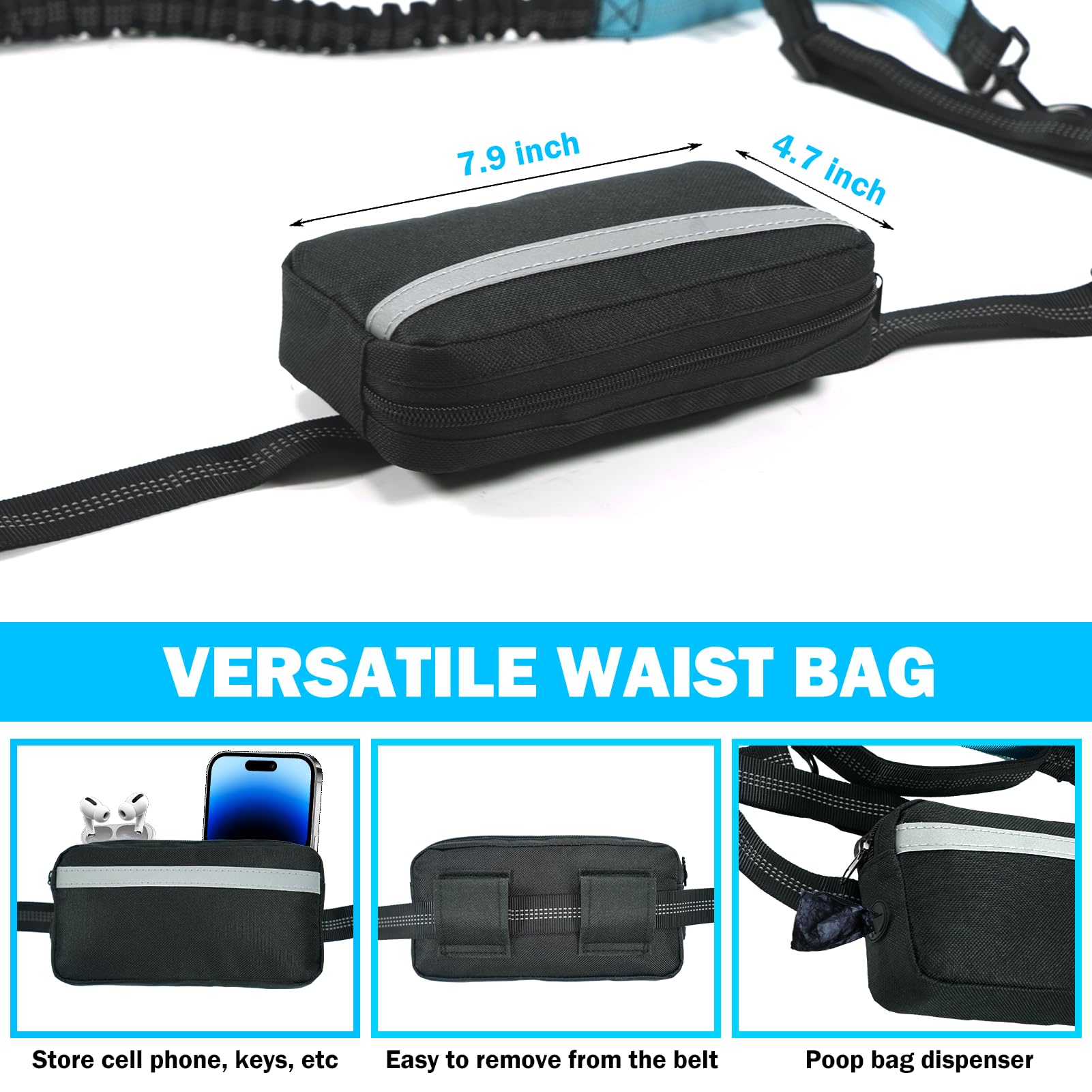 GREGCE Hands Free Dog Leash with Zipper Pouch, Dual Padded Handles Running Leash for Medium and Large Dog, Retractable Bungee Wa