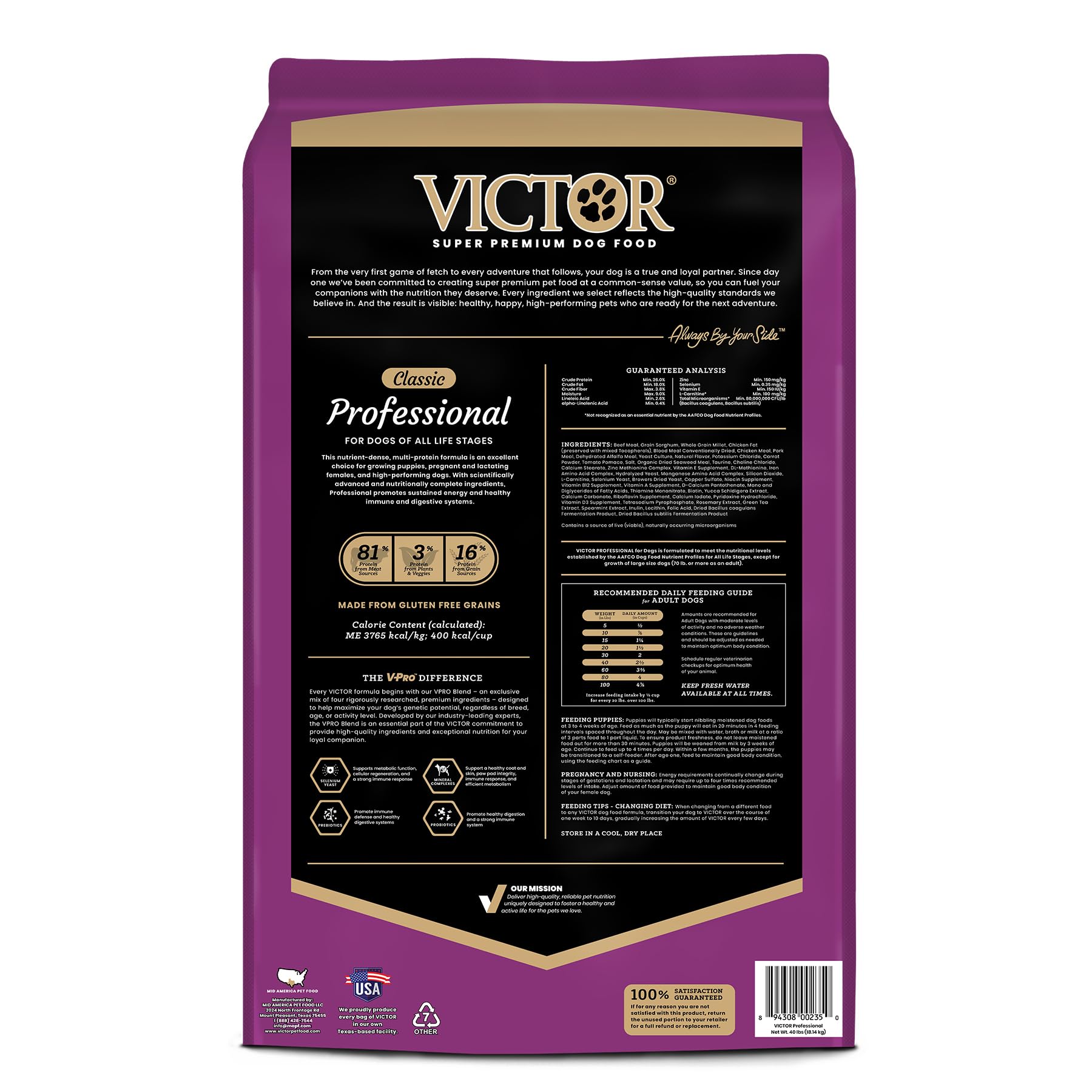 VICTOR Super Premium Professional Dry Dog Food - 26% Protein, Gluten Free - for High Energy and Active Dogs & Puppies, 40lbs