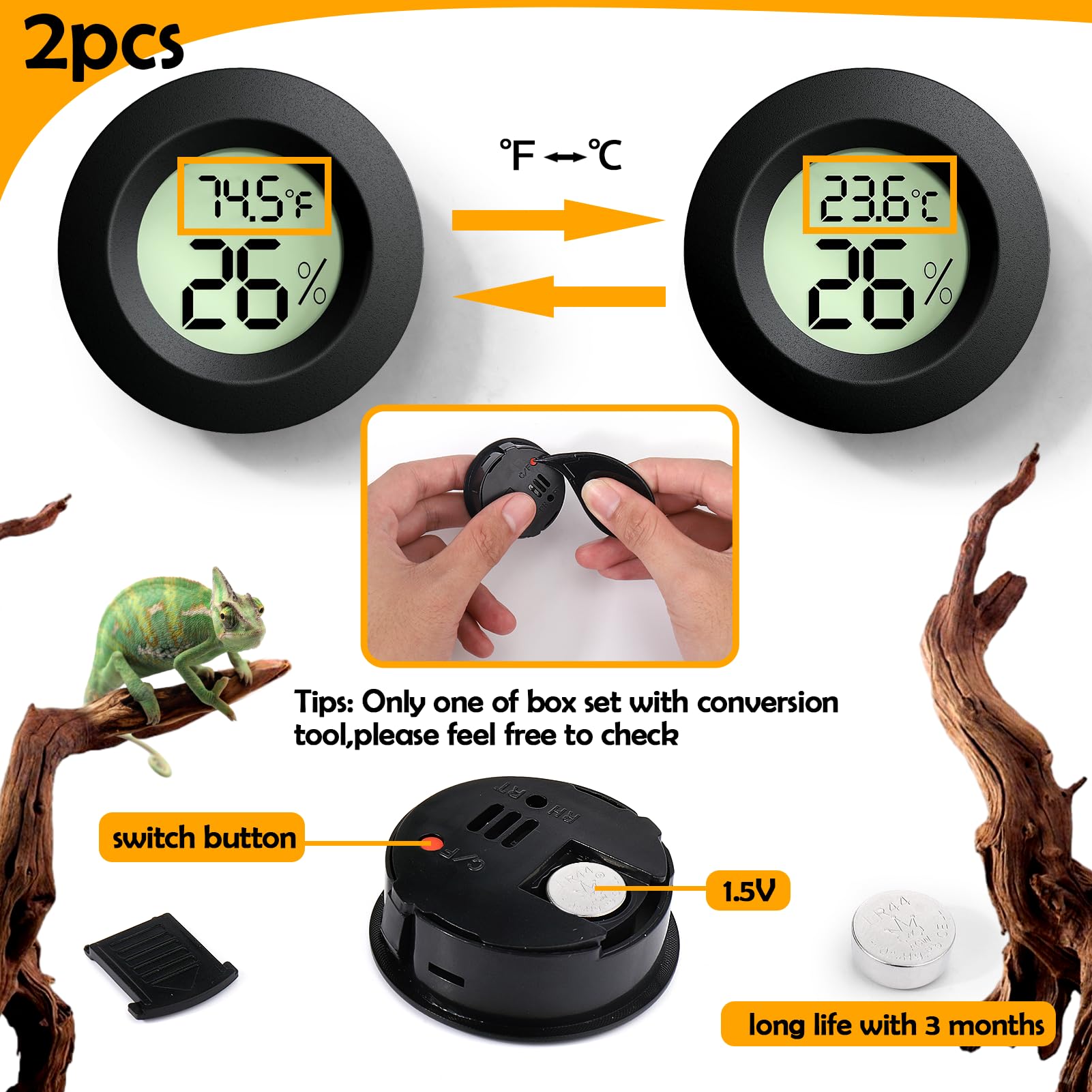 Reptile Tank Accessories, 2 Pcs Reptile Thermometer And Humidity Gauge For Bearded Dragon, Jumping Spider, Leopard Gecko, Hermit