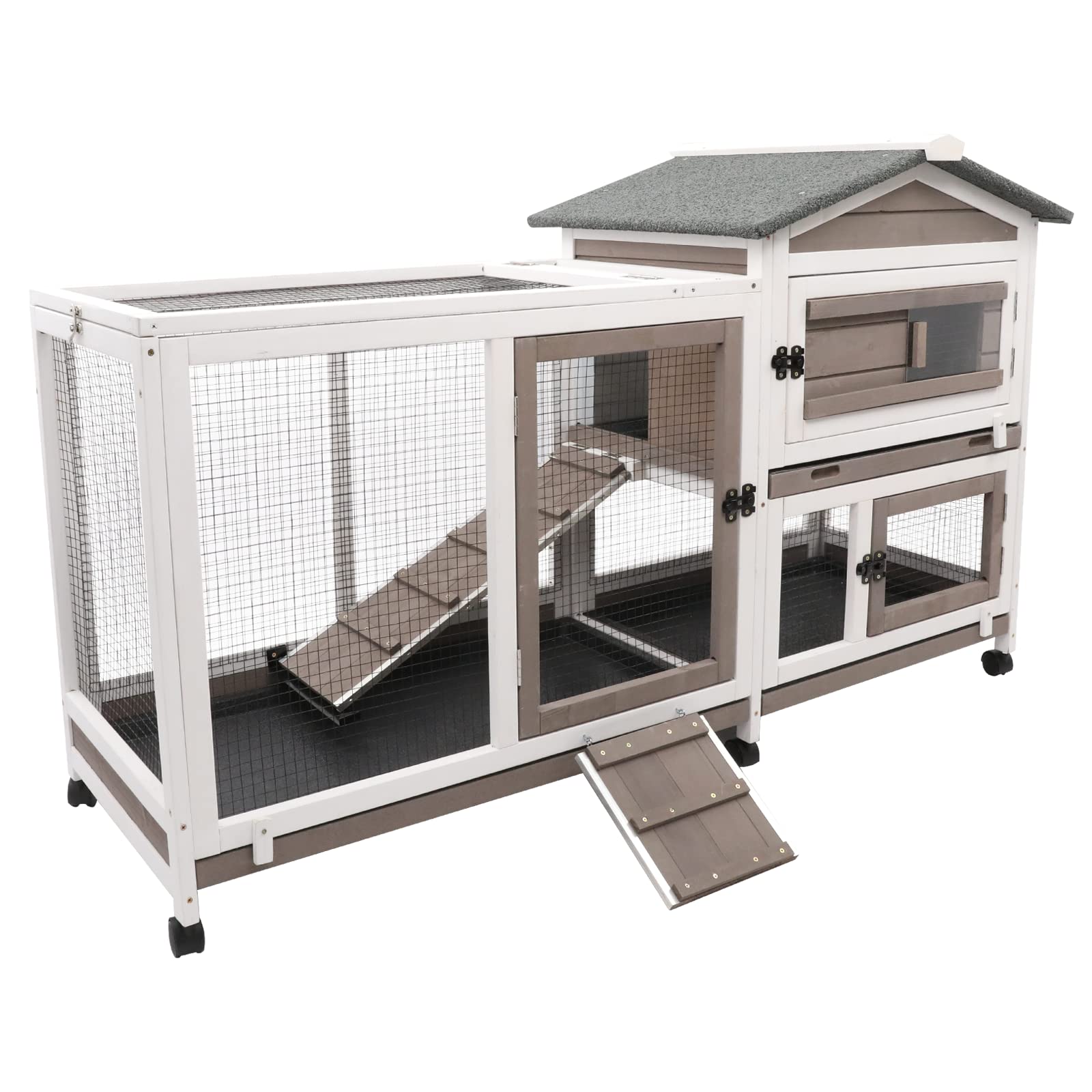 Gowoodhut Rabbit Hutch Indoor Outdoor 2 Story Bunny Cage With 3 No Leak Trays,55.31'' L Guinea Pig Cages Rabbit Cage With 6 Whee