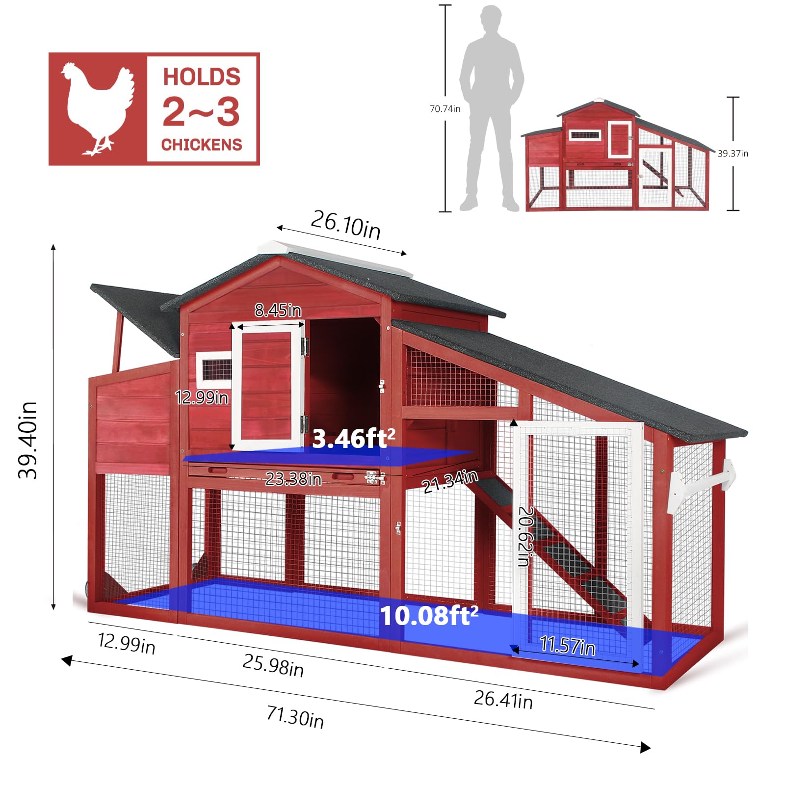 Chicken Coop and Run, Two Story Mobile Rabbit Hutch Indoor Outdoor, Wooden Hen House with Nesting Box Rabbit Cage on Wheels, Ram