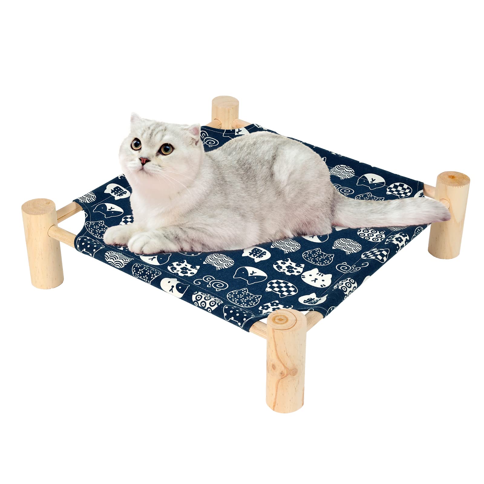 Patas Lague Pet Bed, Small, Elevated Cooling Hammock Bed, Wood, 19X19X5 Inches, 20 Lbs, Blue Cat, Indoor/Outdoor, Square, For Ca