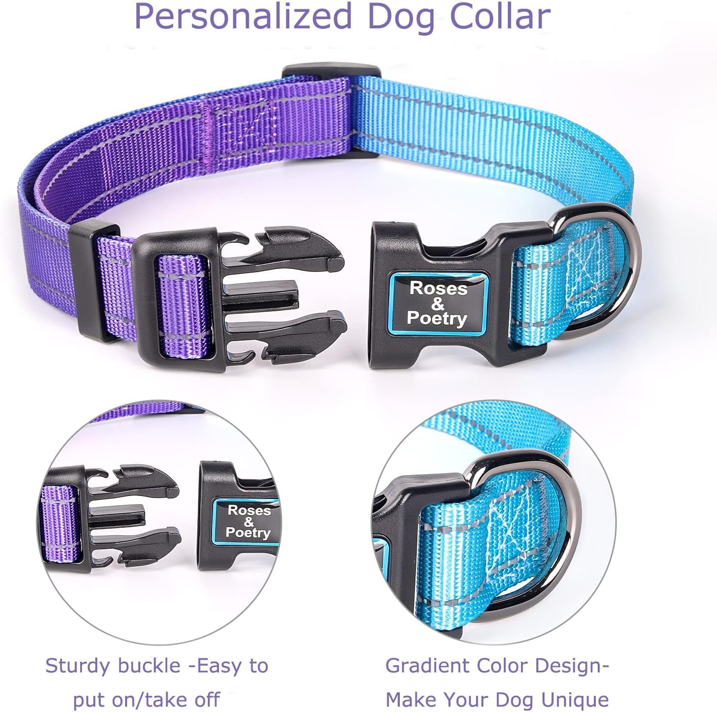 Roses&Poetry Reflective Dog Collar With Gradient Violet, Adjustable Durable Pet Collars For Small Medium Large Dogs (Violet-Xs)