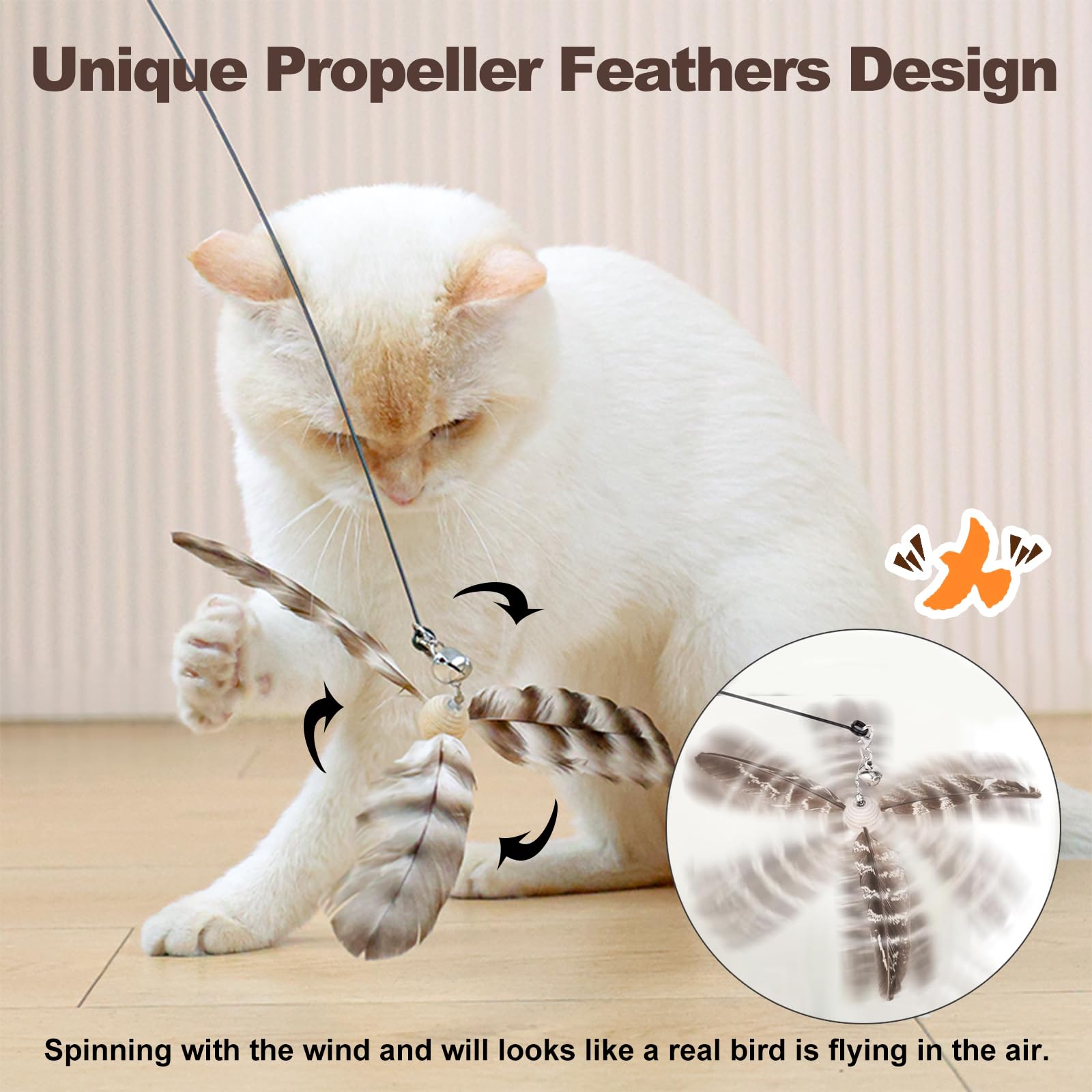 Kingtree Cat Teaser Wand Toys, Interactive Feather Cat Wand Toy With 5 Bell Feather Refills & 2Pcs 35'' Flexible Steel Wire Wood