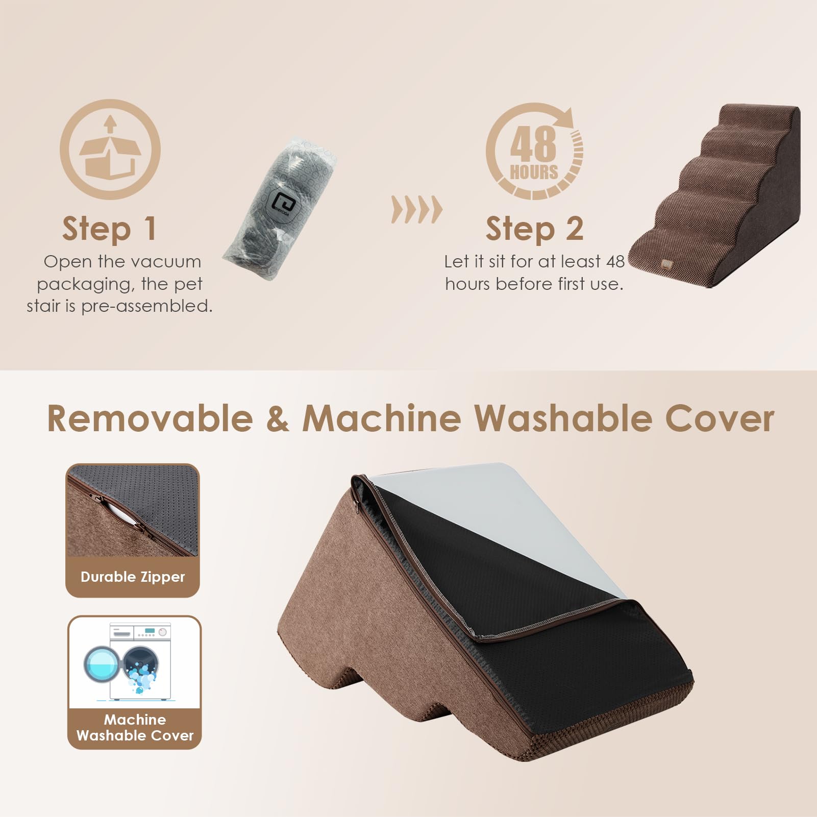 Eheyciga Curved Dog Stairs Ramp For High Beds 22.6' H, 5-Step Dog Steps For Small Dogs And Cats, Pet Stairs For High Bed Climbing, Non-Slip Balanced Pet Step Indoor, Brown