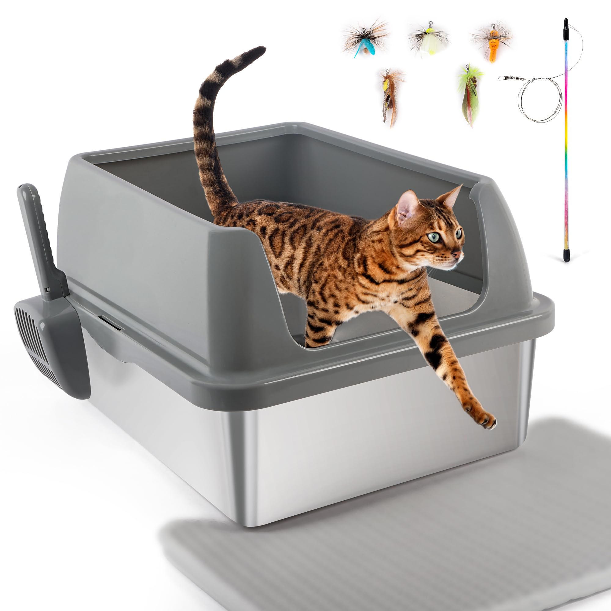 All For Paws Stainless Steel Cat Litter Box With Litter Mat For Big Cats Xl Metal Litter Pan With High Sides Enclosure Kitty Lit