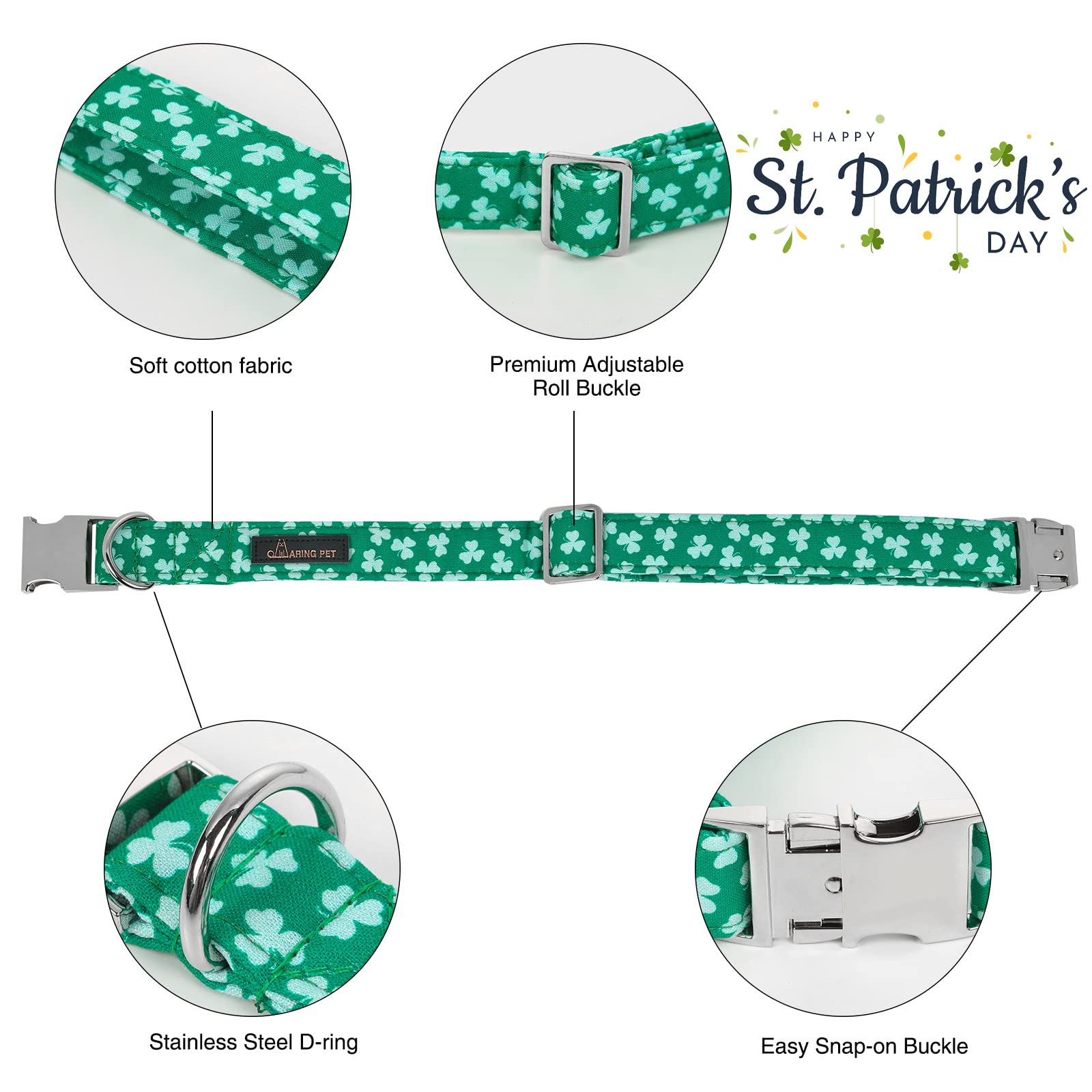 ARING PET St. Patrick's Day Dog Collar-Cute Green Clovers Dog Collar with Sailor Bowtie, Cotton Trefoil Dog Collars with Metal B