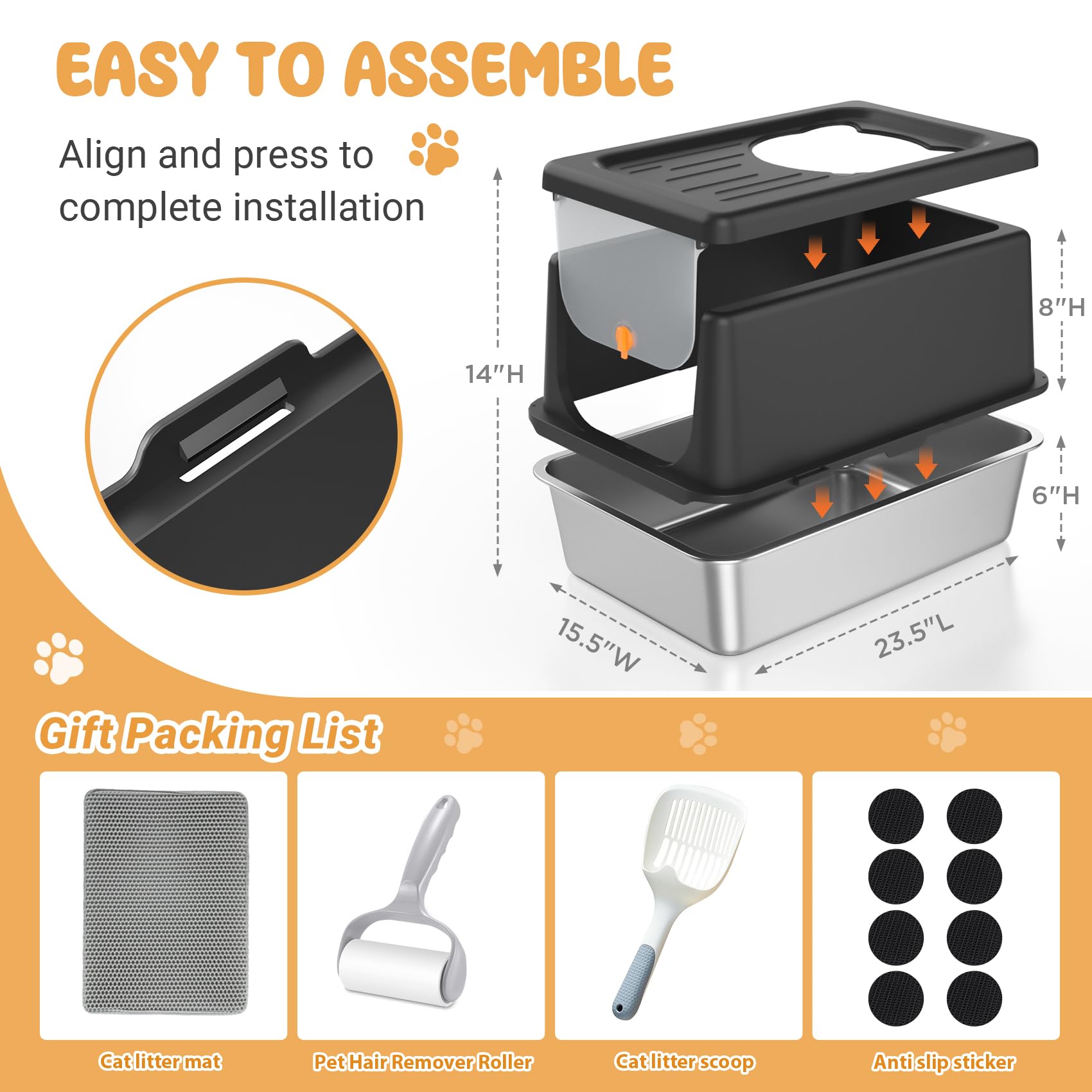 Stainless Steel Litter Box With Lid, Extra Large Cat Box With High Sides, Kitty Litter Pan Enclosure, Top Entry Cat Litter Box E