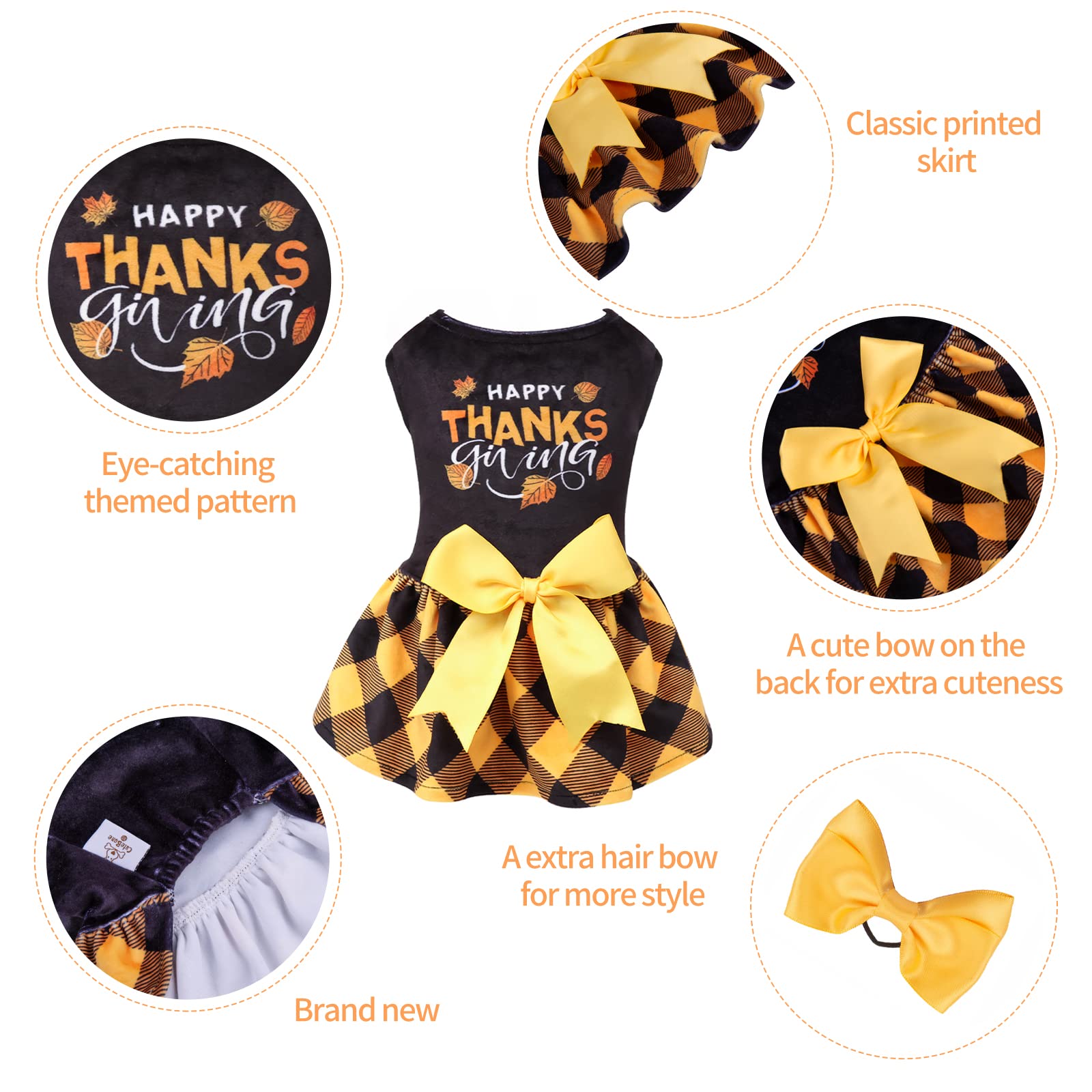 Cutebone Happy Thanksgiving Day Dog Fall Dress Costume Velvet For Small Dogs Girl Puppy Dresses Yellow Plaid Dog Clothes Cva03M-