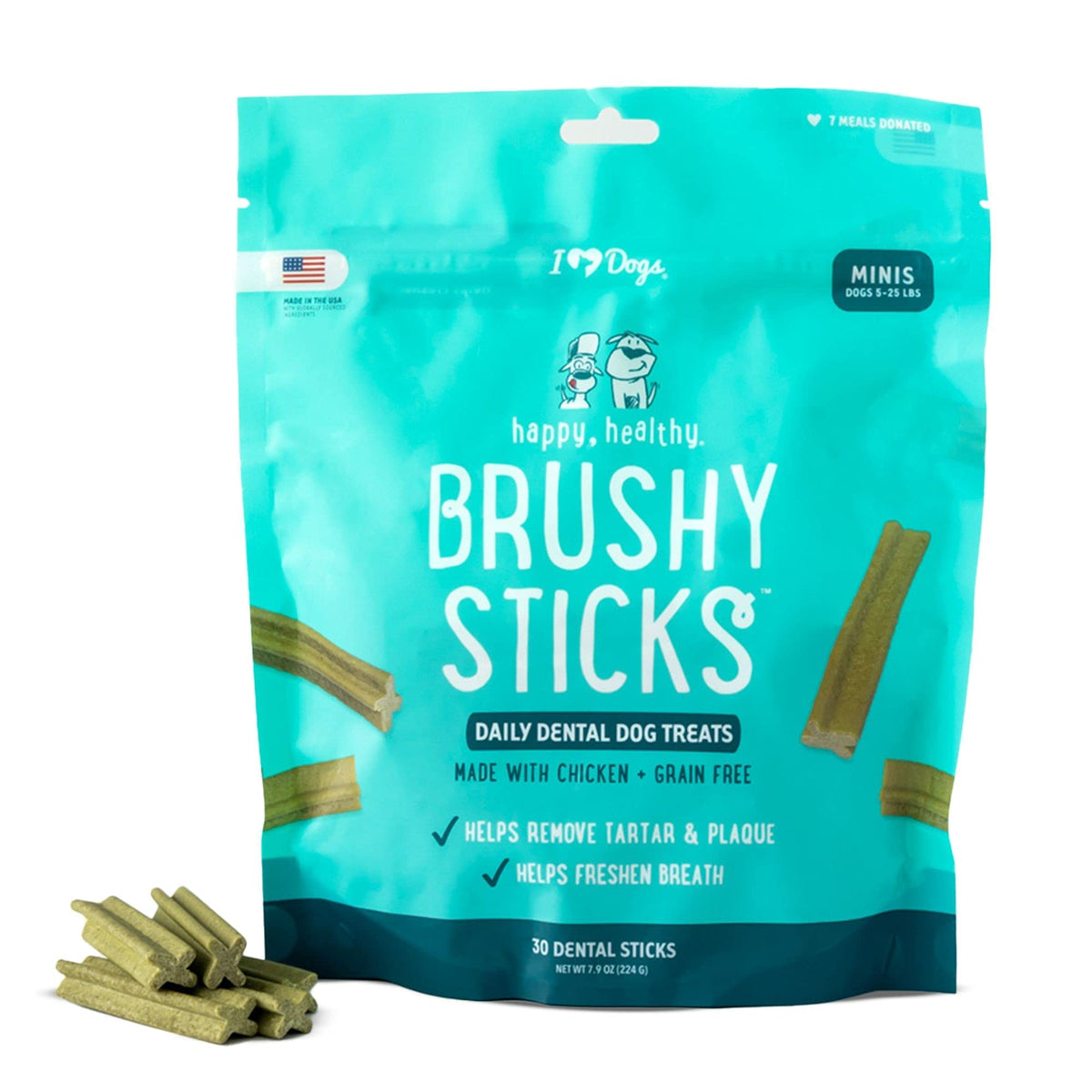 Iheartdogs Brushy Sticks - Dental Treats For Dogs Removes Plaque And Tartar Buildup - Grain-Free Dog Teeth Cleaning Chews Made With Chicken - 30 Mini Sticks