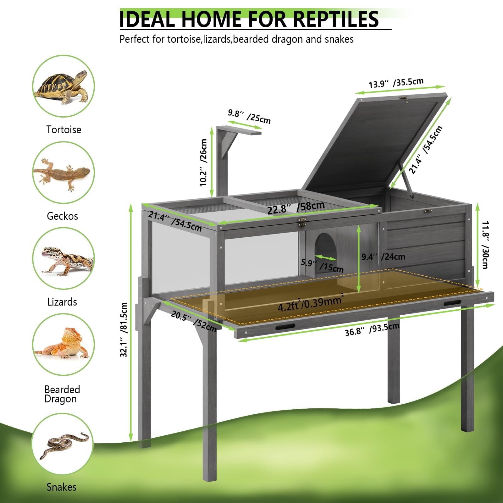 Pretzi Tortoise Habitat With Lamp Holder, Turtle Enclosure Indoor/Outdoor, Wooden House For Small Animals, Reptile Terrarium Tab