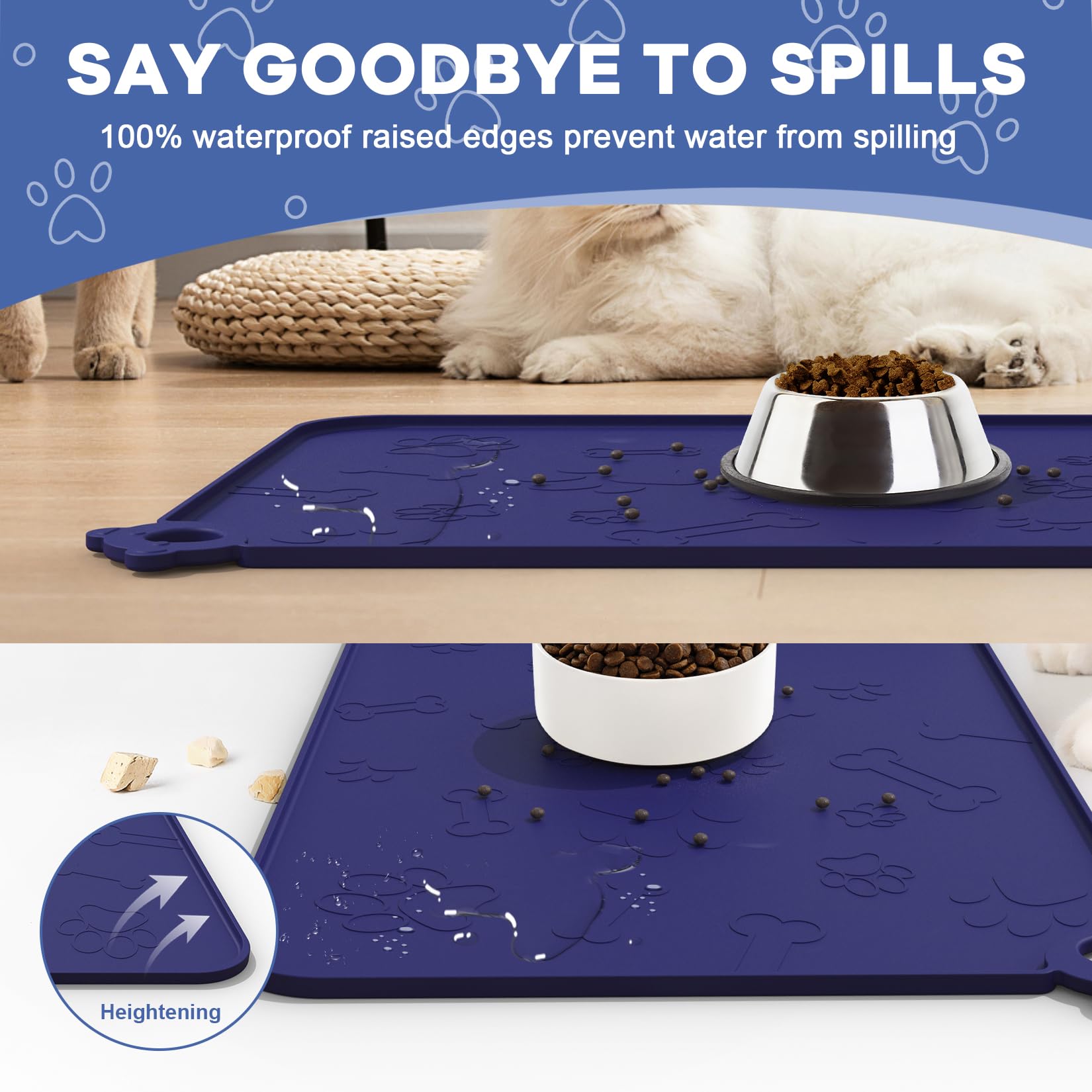 Zirwti Pet Feeding Mat, Silicone Dog Cat Bowl Mats With Edge, Waterproof Non-Slip, Easy Clean, Navy Blue, 18''X12''