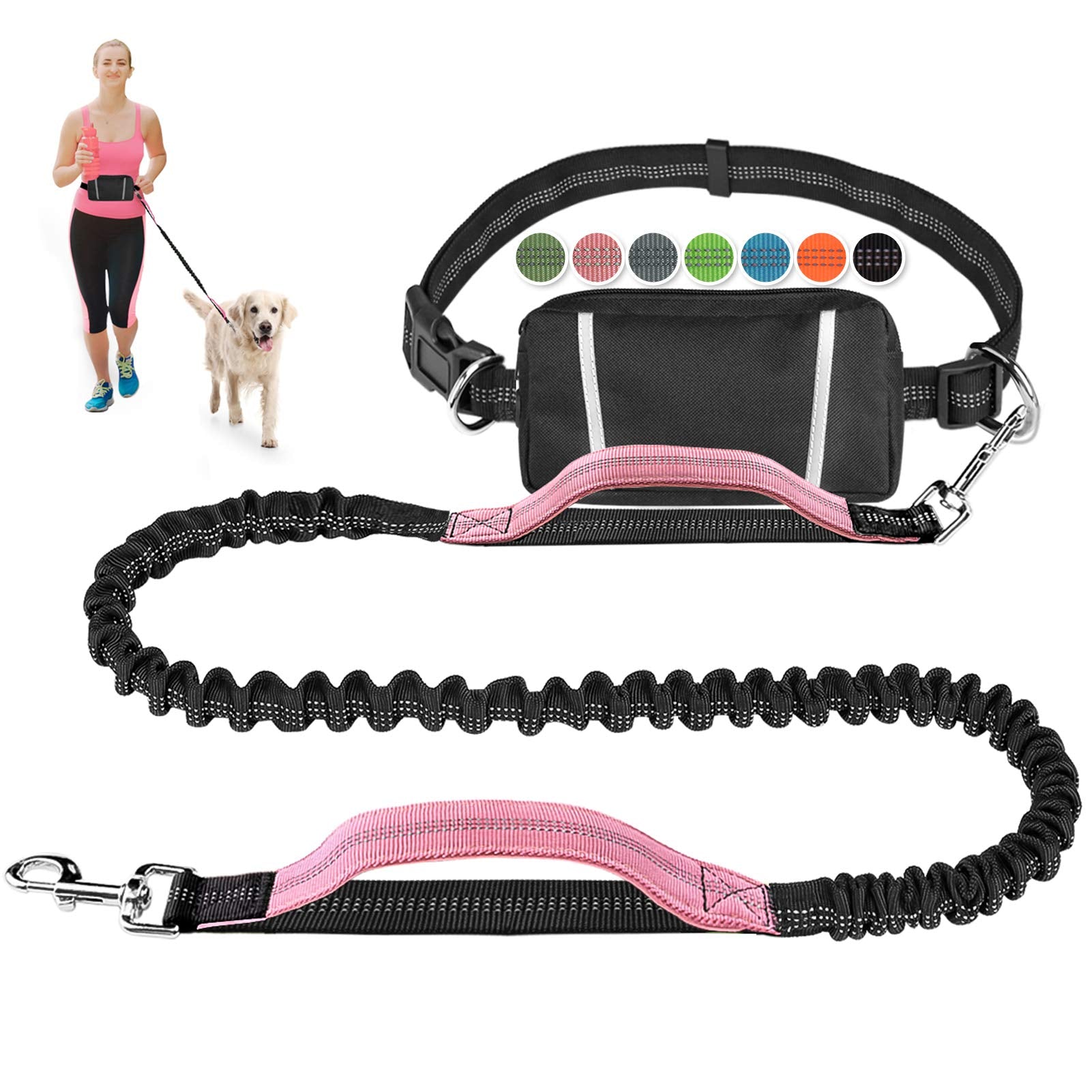 Hands Free Dog Leash Bungee Retractable Dog Running Waist Leash For Running Walking Jogging Training Hiking With Medium To Large Dogs, Adjustable Waist Belt Pouchouch, Reflective Stitches, Dual Handle