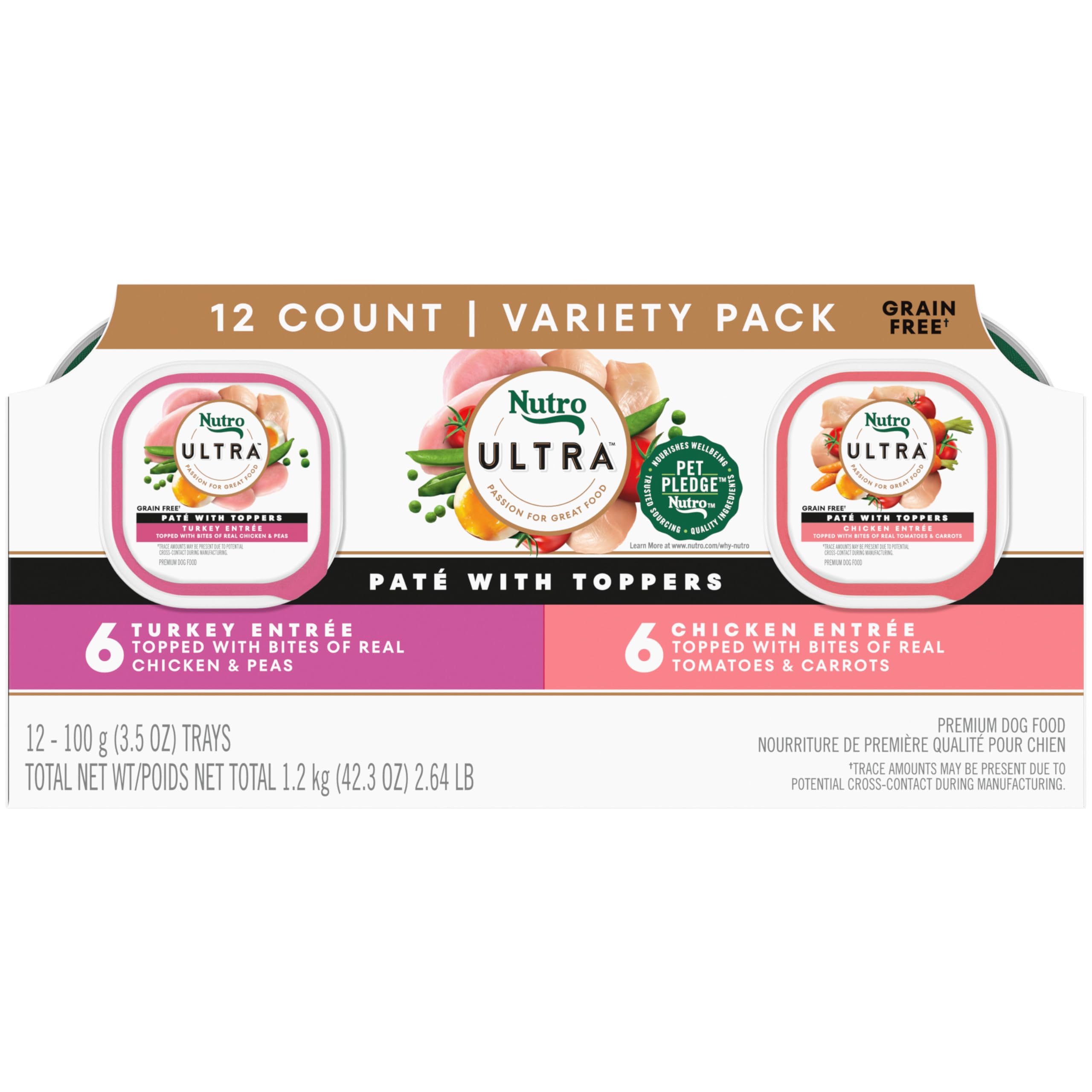 Nutro Ultra Wet Dog Food Pate with Toppers Chicken & Turkey Entree Variety Pack, 3.5 oz. Trays (12 Count, Pack of 1)